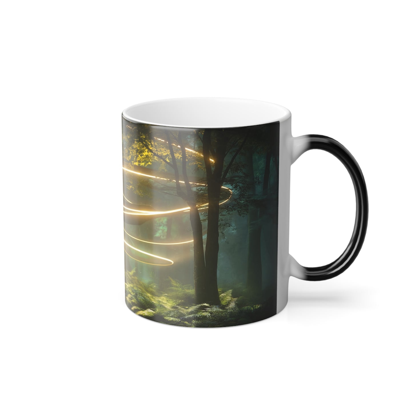 Luminous Spiral Forest Mug, 11oz – Golden Light Rings and Solitary Walker