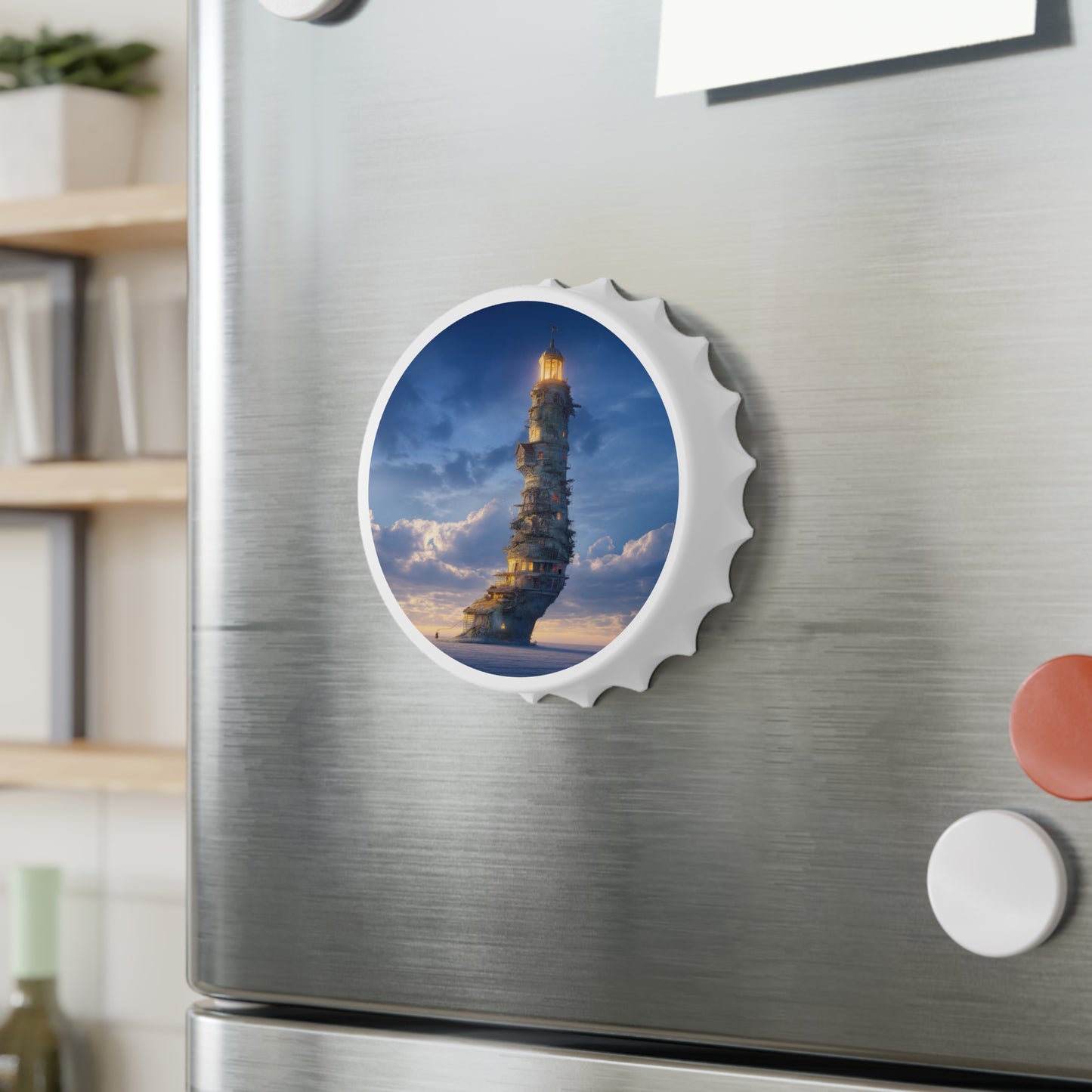 Skyward Lighthouse Bottle Opener – Twilight Beacon in the Clouds
