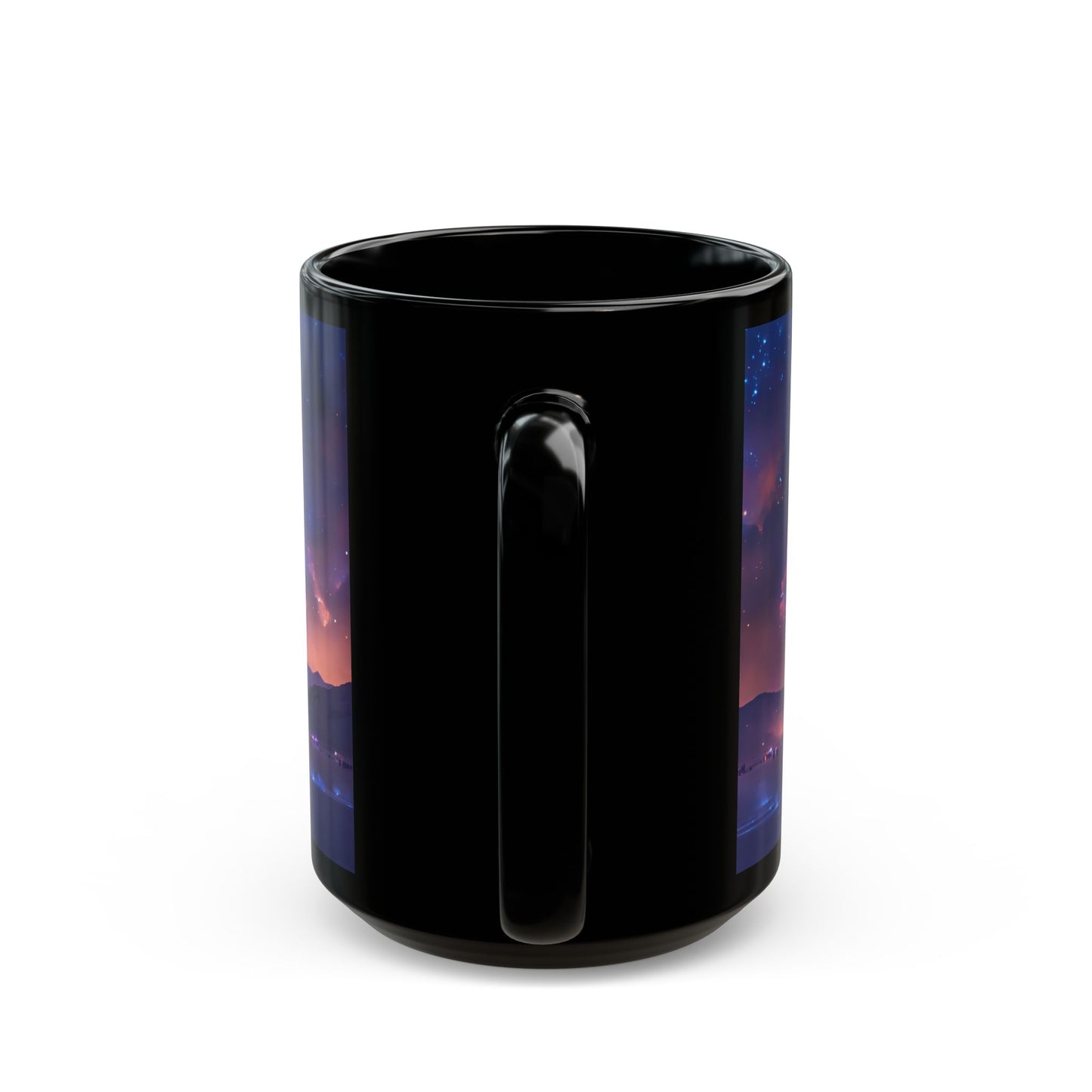 Cosmic Spire Black Mug – Night Sky Citadel Dreamscape