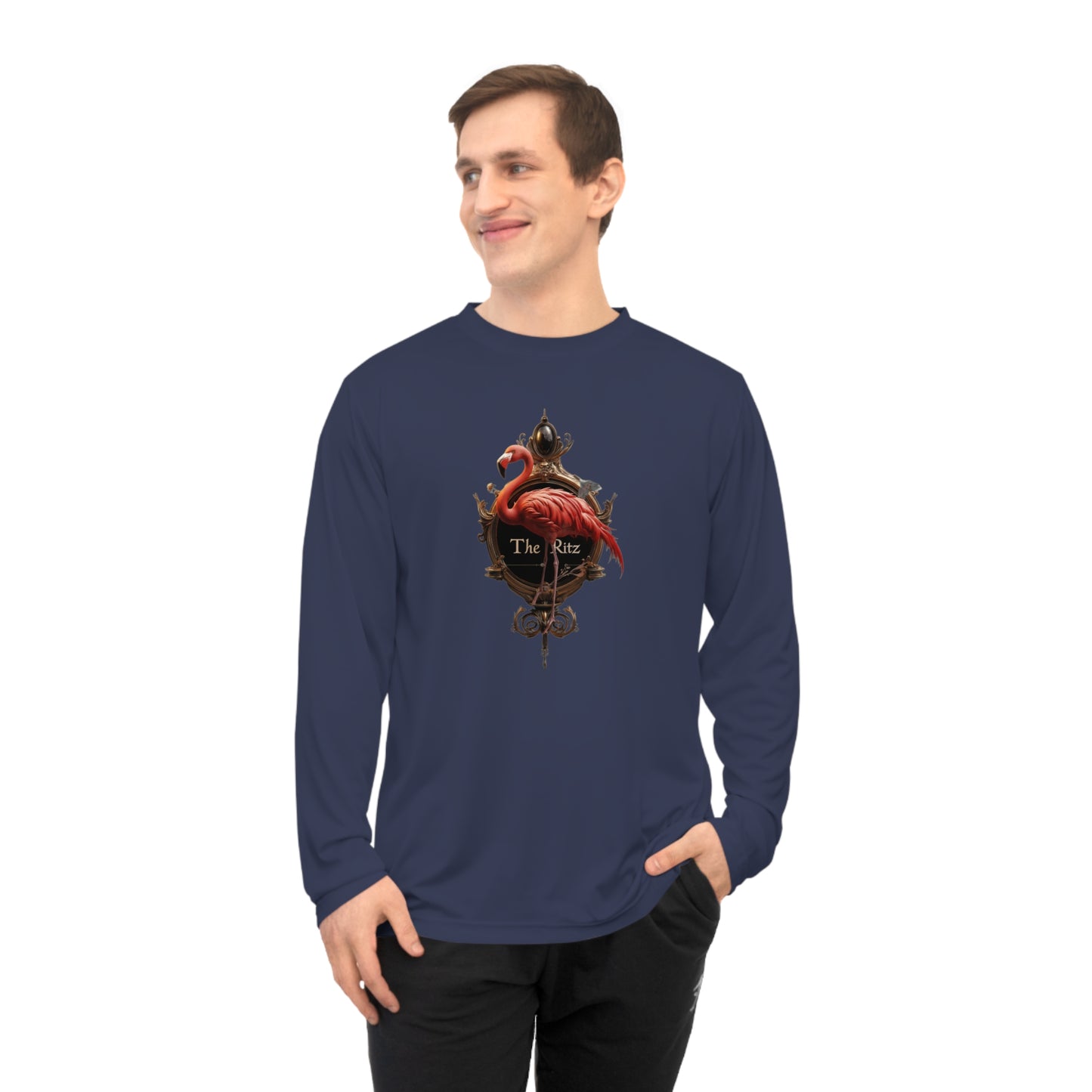 The Ritz Flamingo Unisex Performance Long Sleeve Shirt – Golden Frame Elegance
