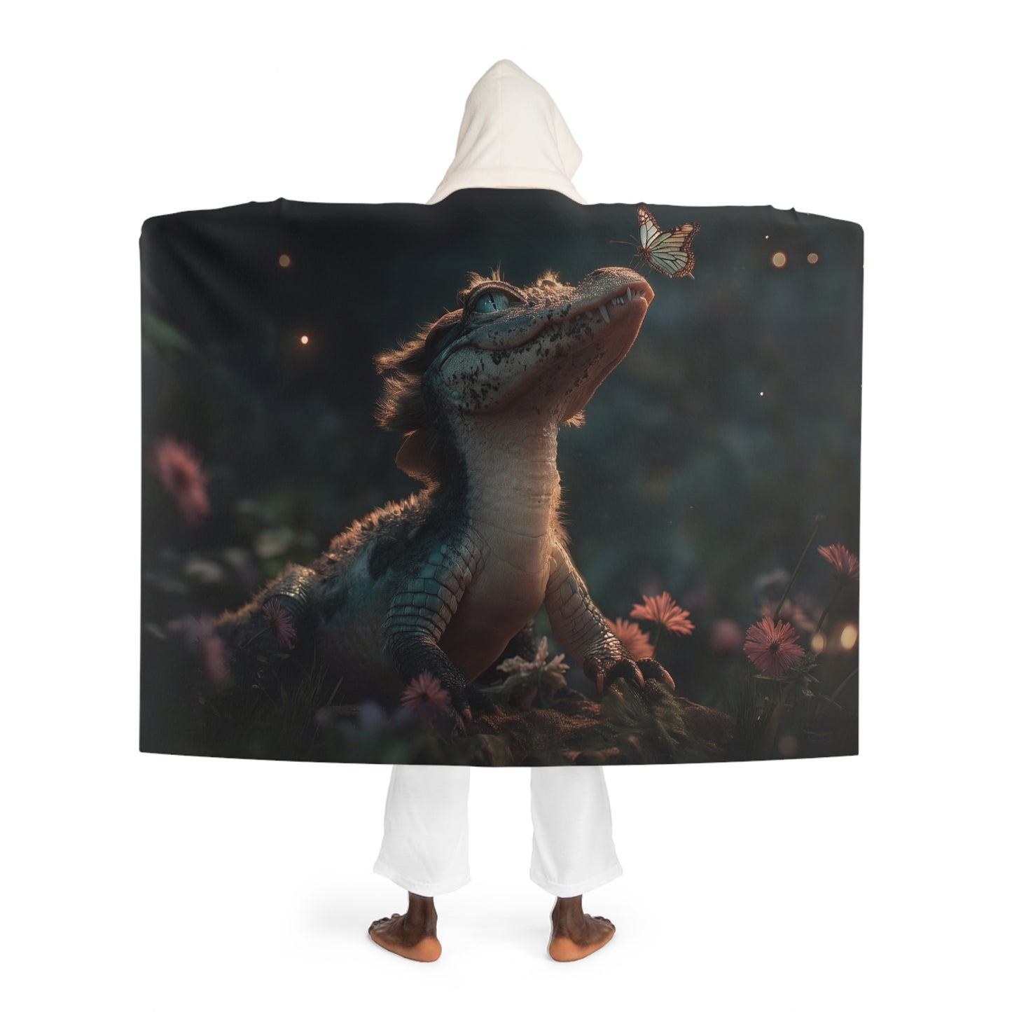 Tiny Crocodile Sentinel Hooded Sherpa Fleece Blanket – Tender Guardian with Butterfly Bloom