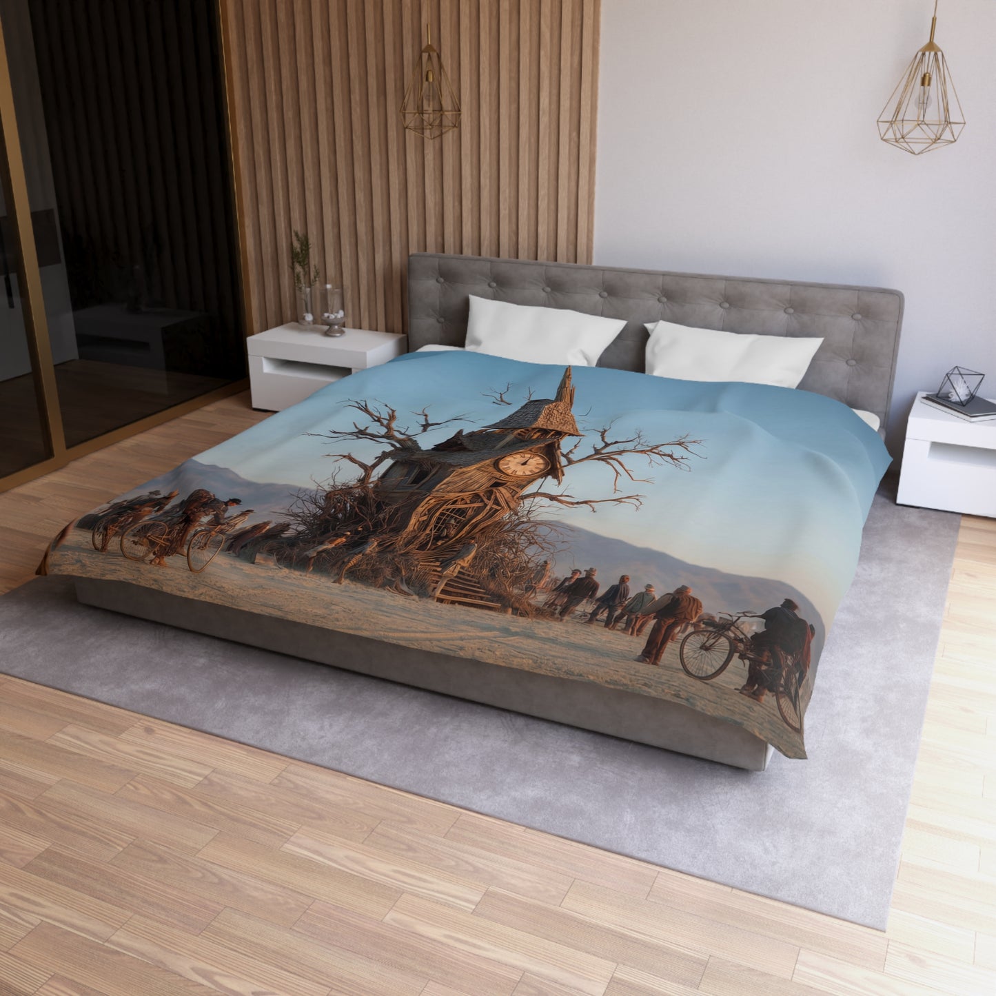 Timekeeper Tree Microfiber Duvet Cover – Dusty Wood Clocktower Sunset