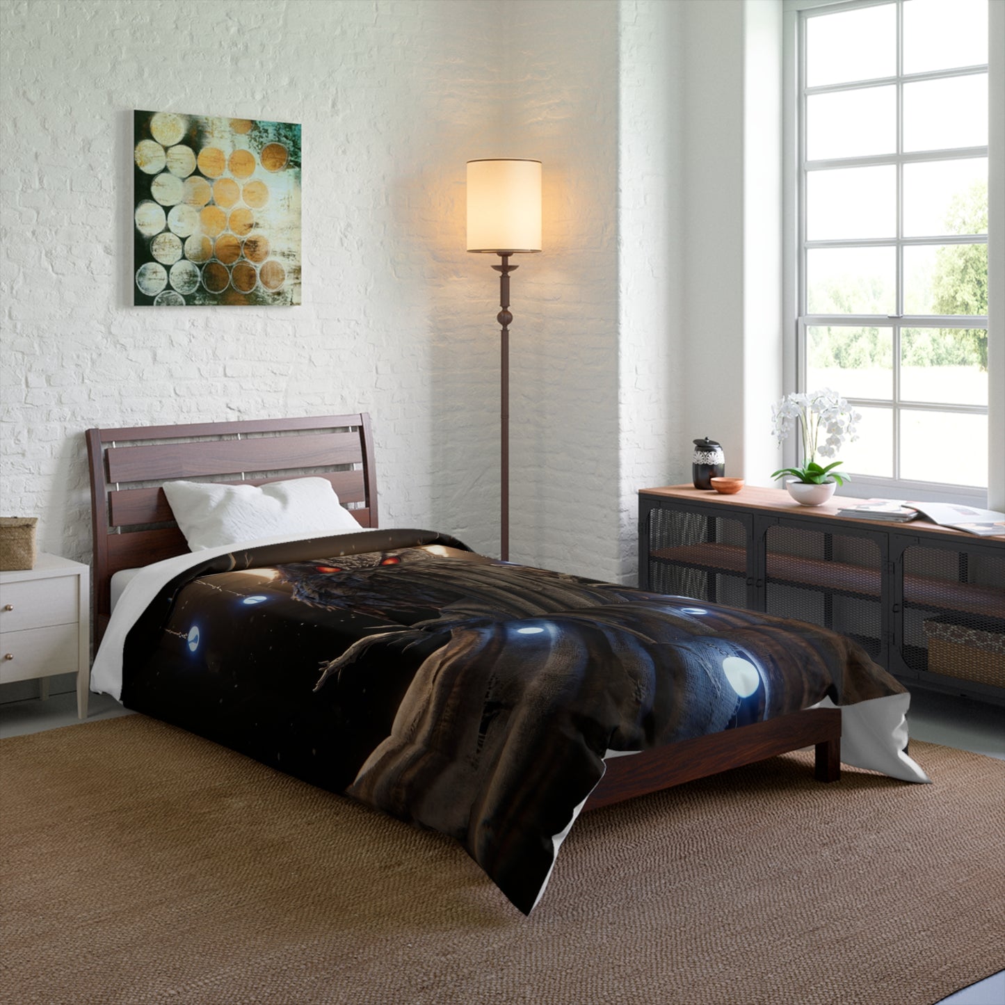 Moonlit Owl Sentinel Comforter – Crimson-Eyed Guardian of the Night