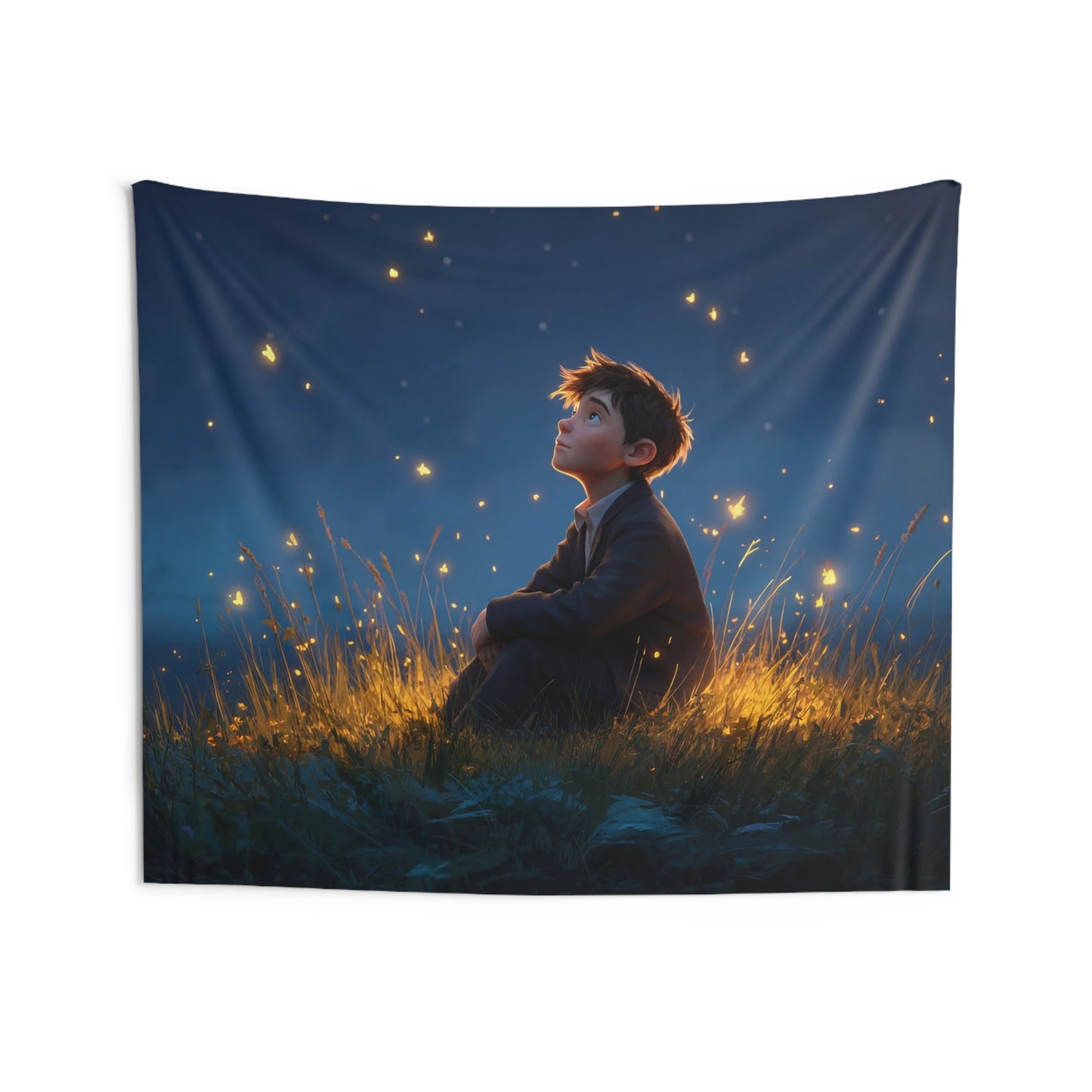 Boy Among Fireflies Indoor Wall Tapestries – Twilight Wonderlandscape
