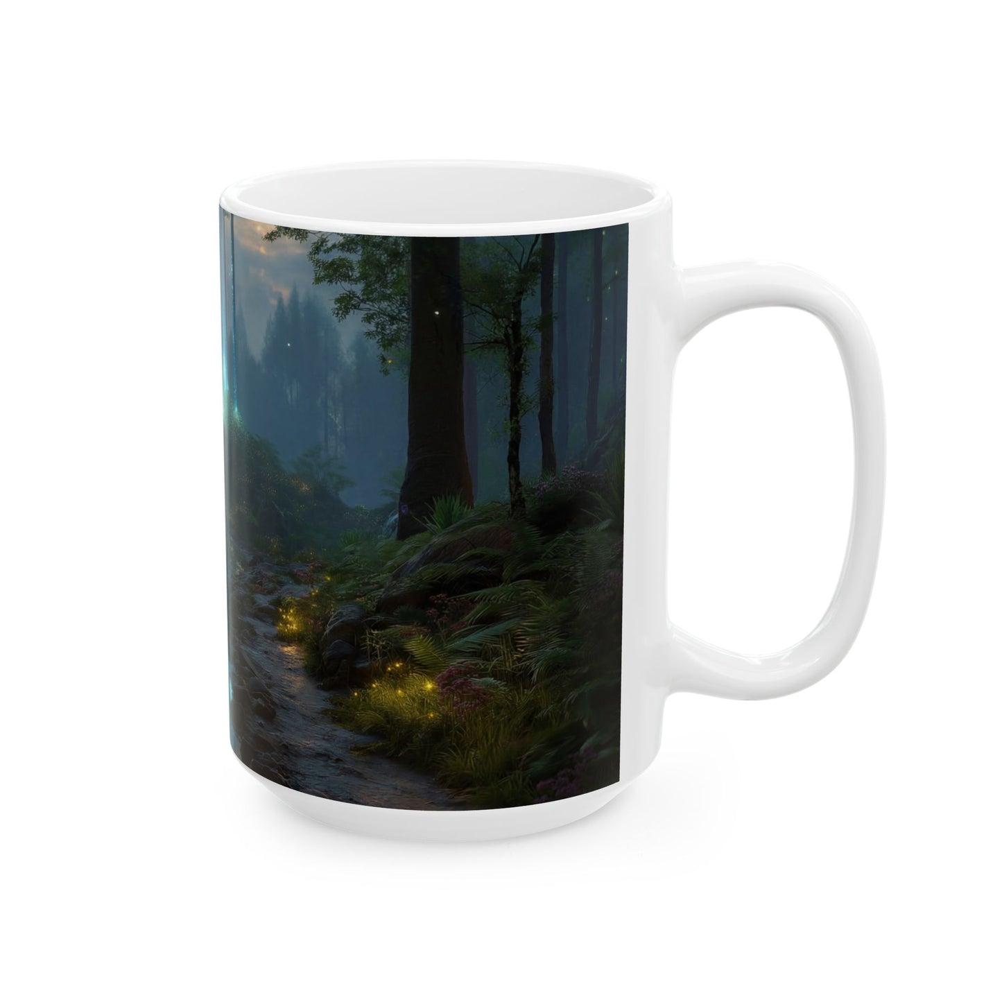 Celestial Forest Stream Ceramic Mug – Azure Lightfall Dreamscape