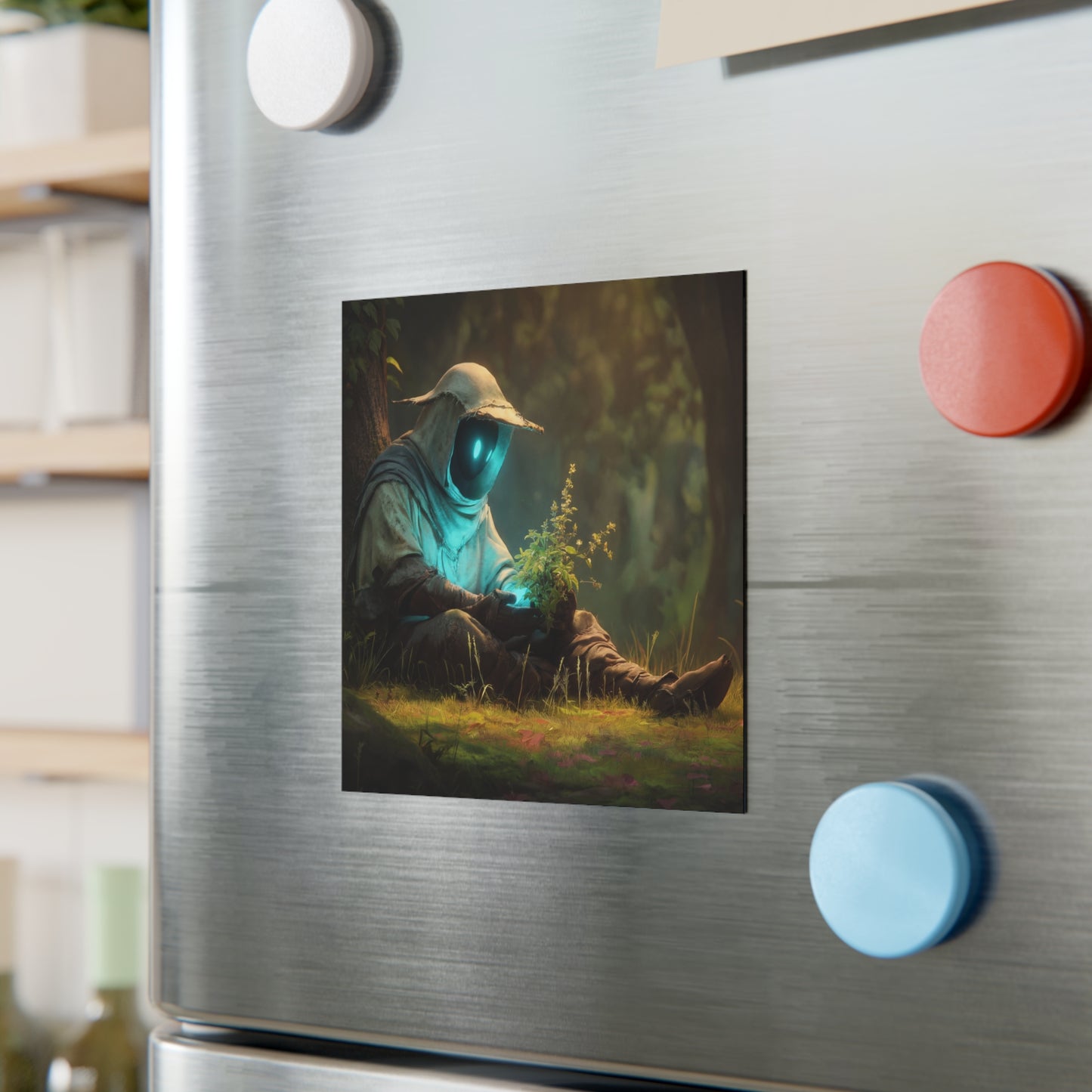Forest Sentinel Square Magnet – Luminescent Guardian Amidst Ancient Canopy