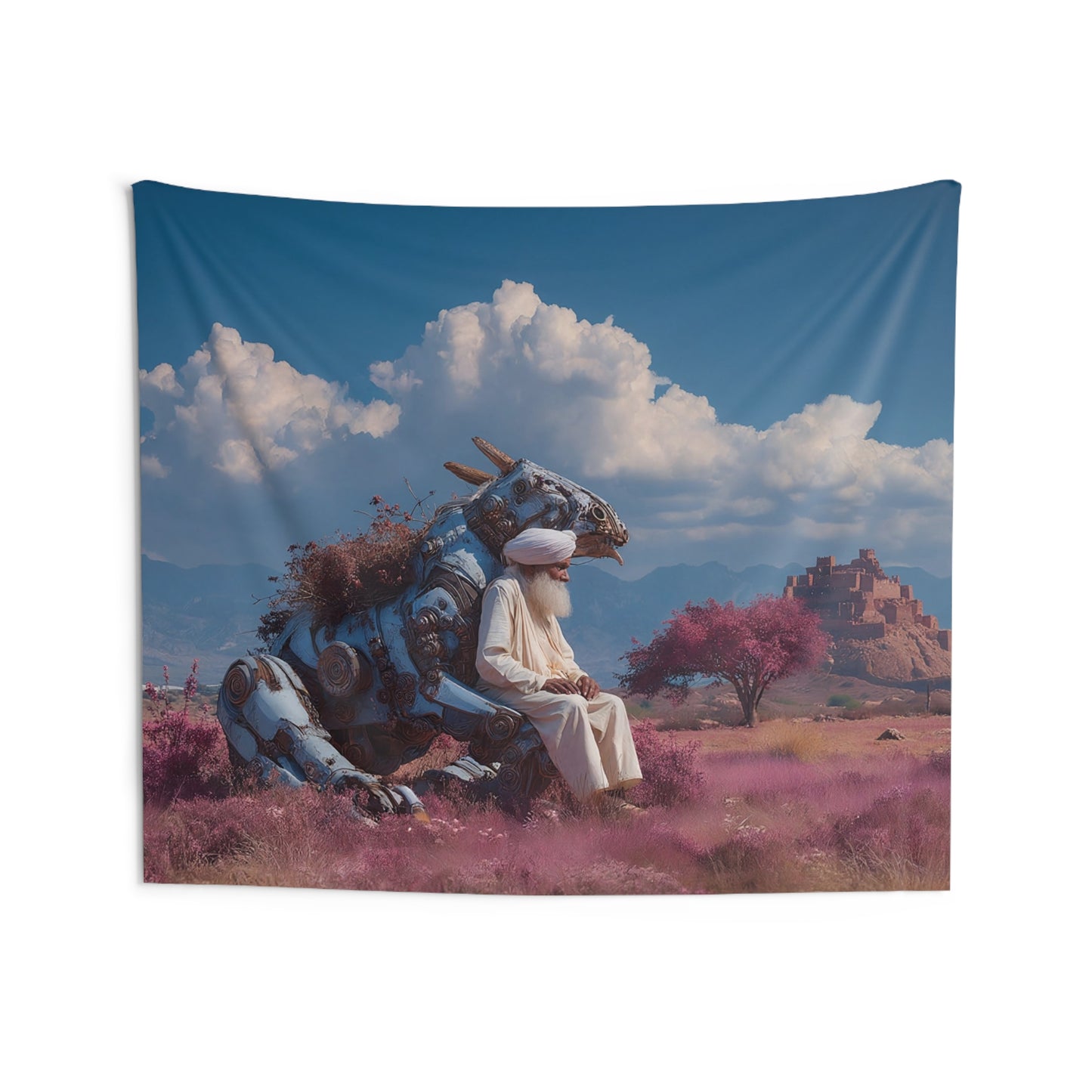 Sage on Mechanical Steed Indoor Wall Tapestries – Whispers of a Forgotten Desert