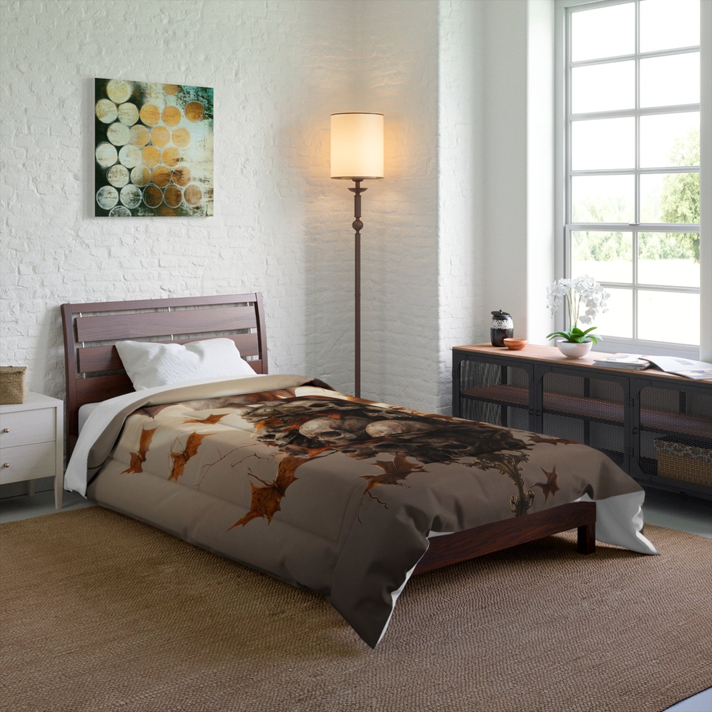 Winged Corgi on Skull Throne Comforter – Autumn Moonlit Fantasy