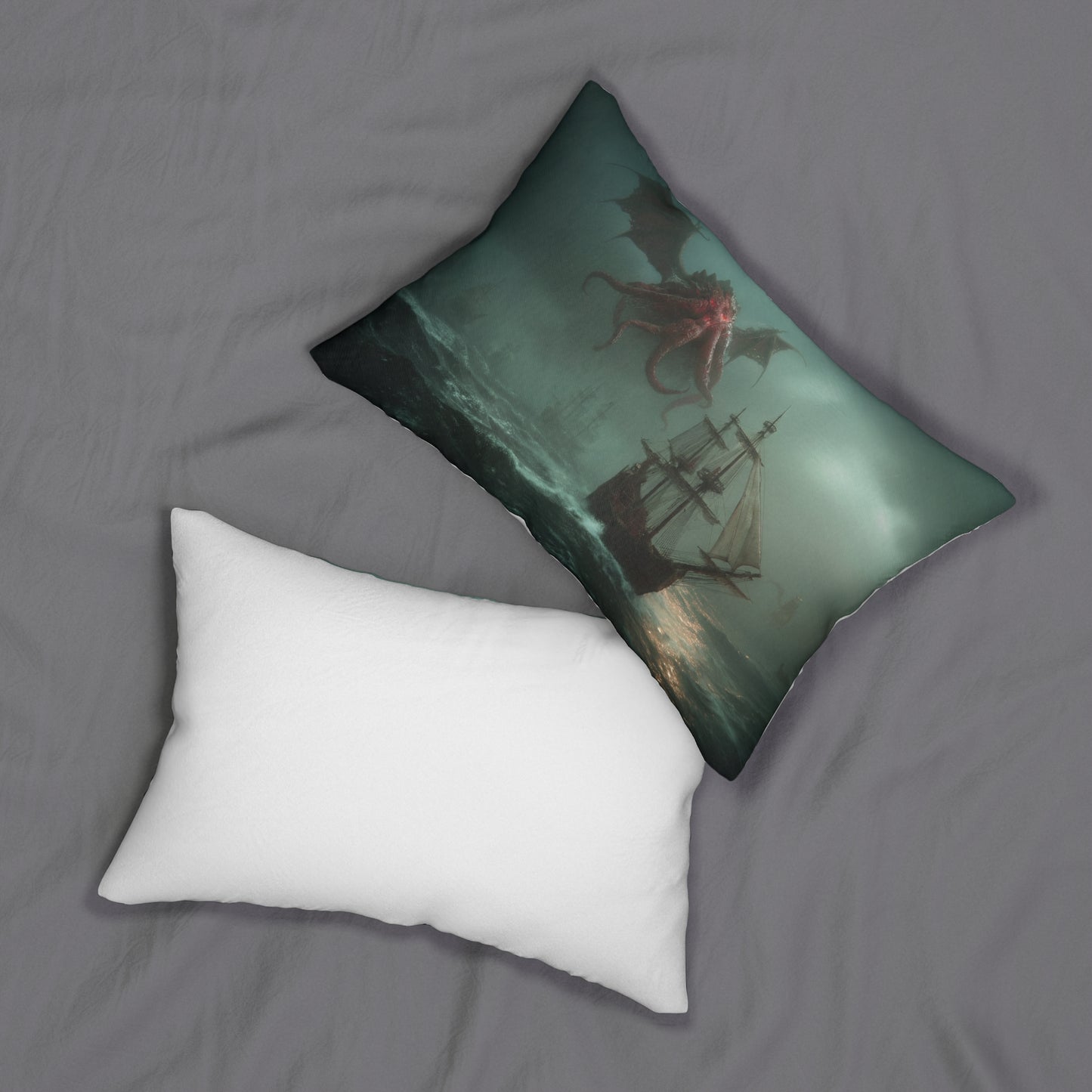 Leviathan’s Wrath Spun Polyester Lumbar Pillow – Storm-Tossed Seascape
