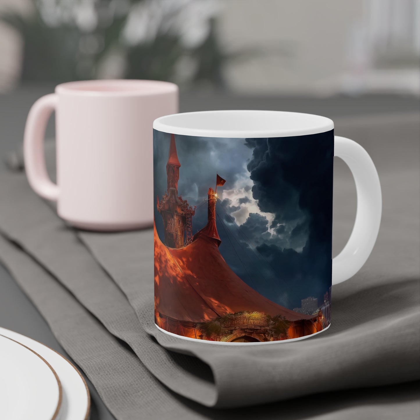 Crimson Circus Tent Mugs – Neon Nightscape Under Stormy Skies