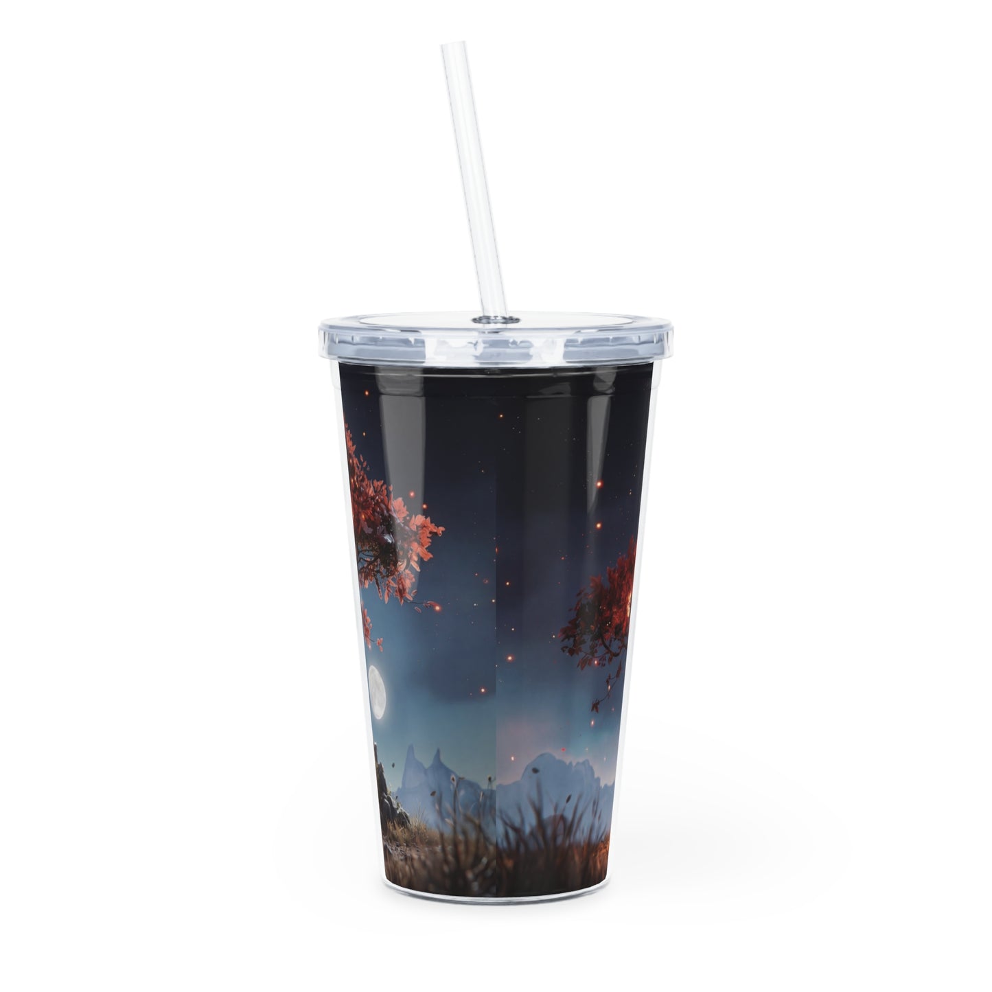 Whispering Ember Tree Plastic Tumbler with Straw – Moonlit Haven Under Crimson Canopy
