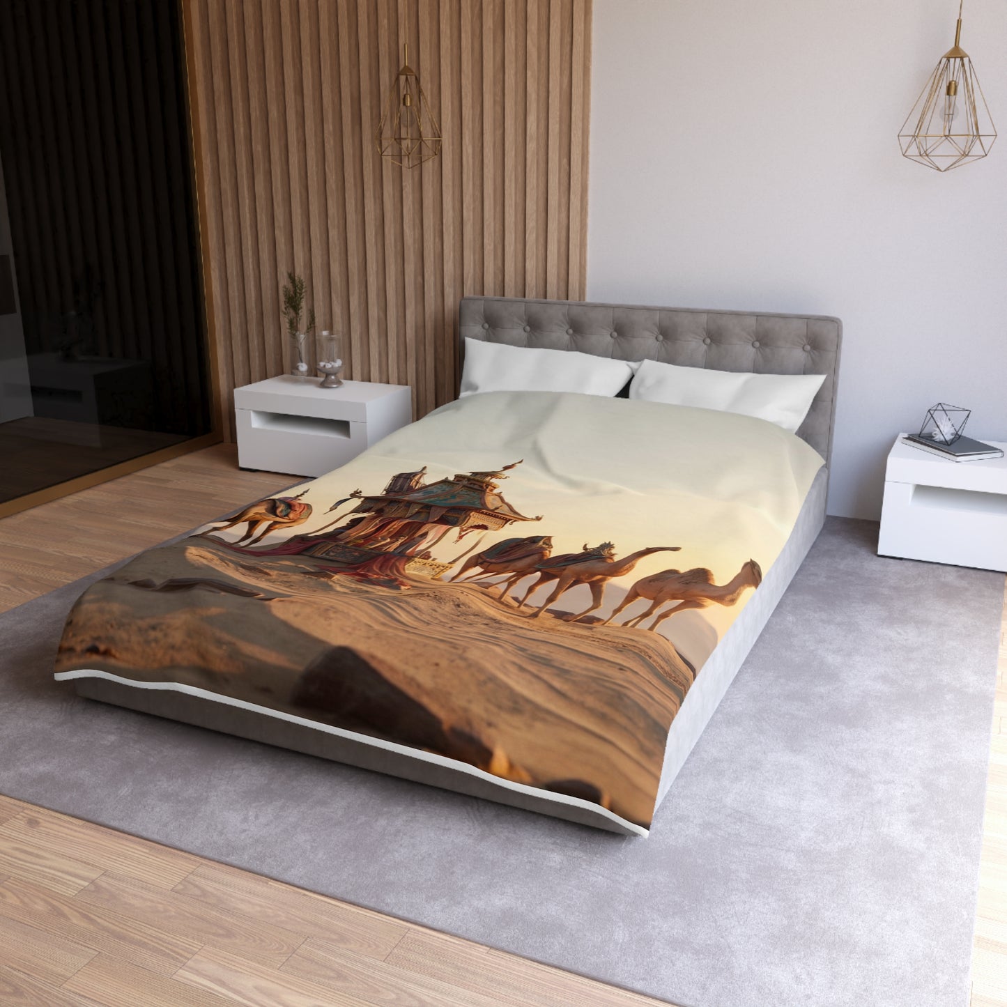Desert Mirage Duvet Cover – Golden Dunes & Ornate Caravan