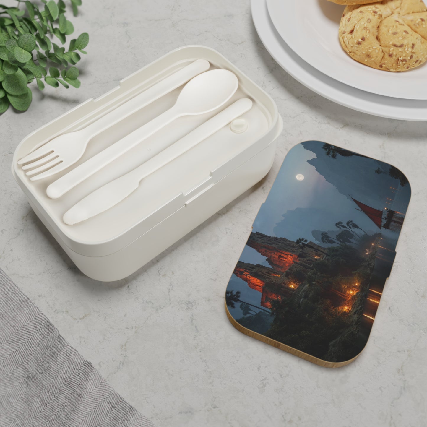 Moonlit Temple Ruins Bento Lunch Box – Crimson Lanterns on the River of Whispers