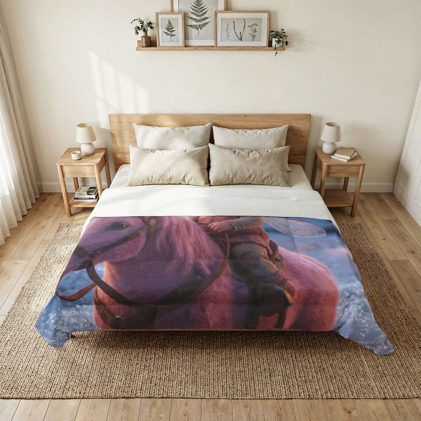Pink Unicorn & Elf Ride Comforter – Fairy Tale Snowscape Blanket