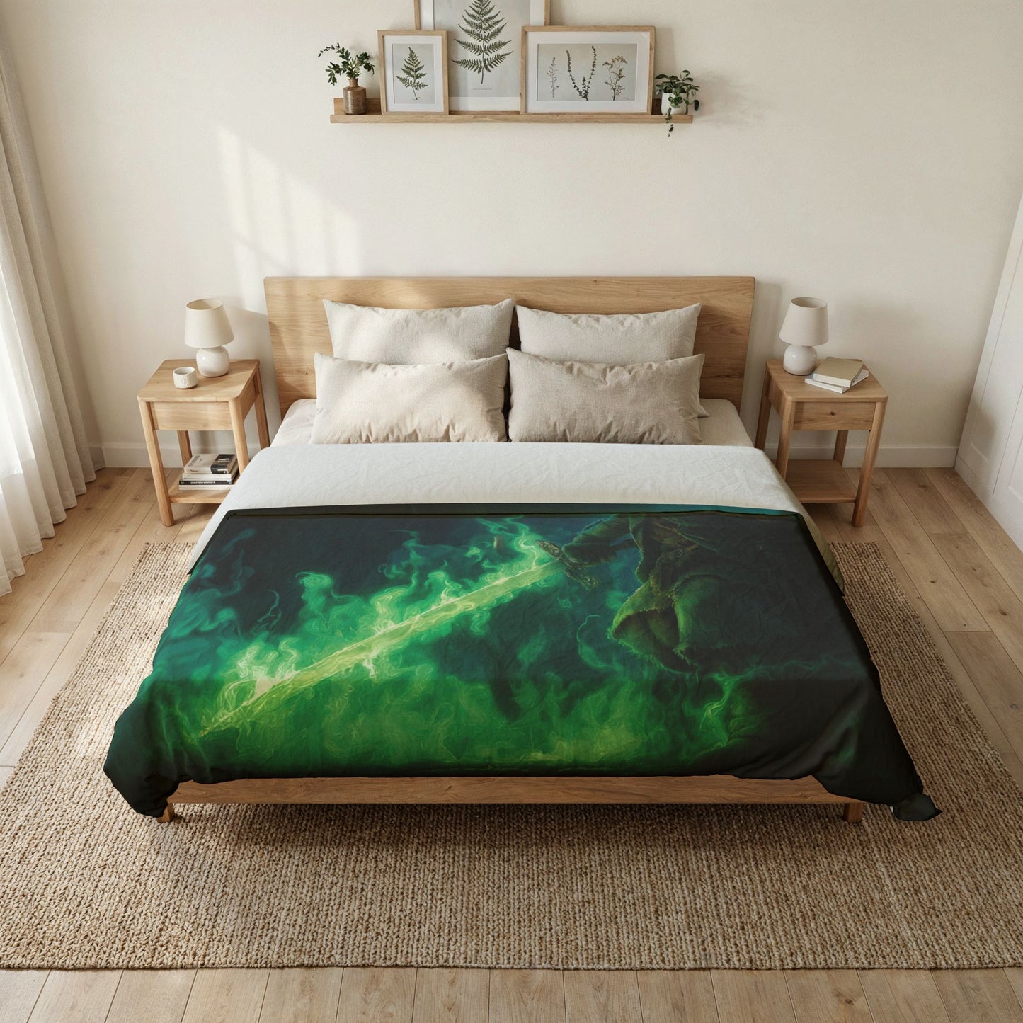Gnome Sentinel Cotton Duvet Cover – Emerald Magic Awaits