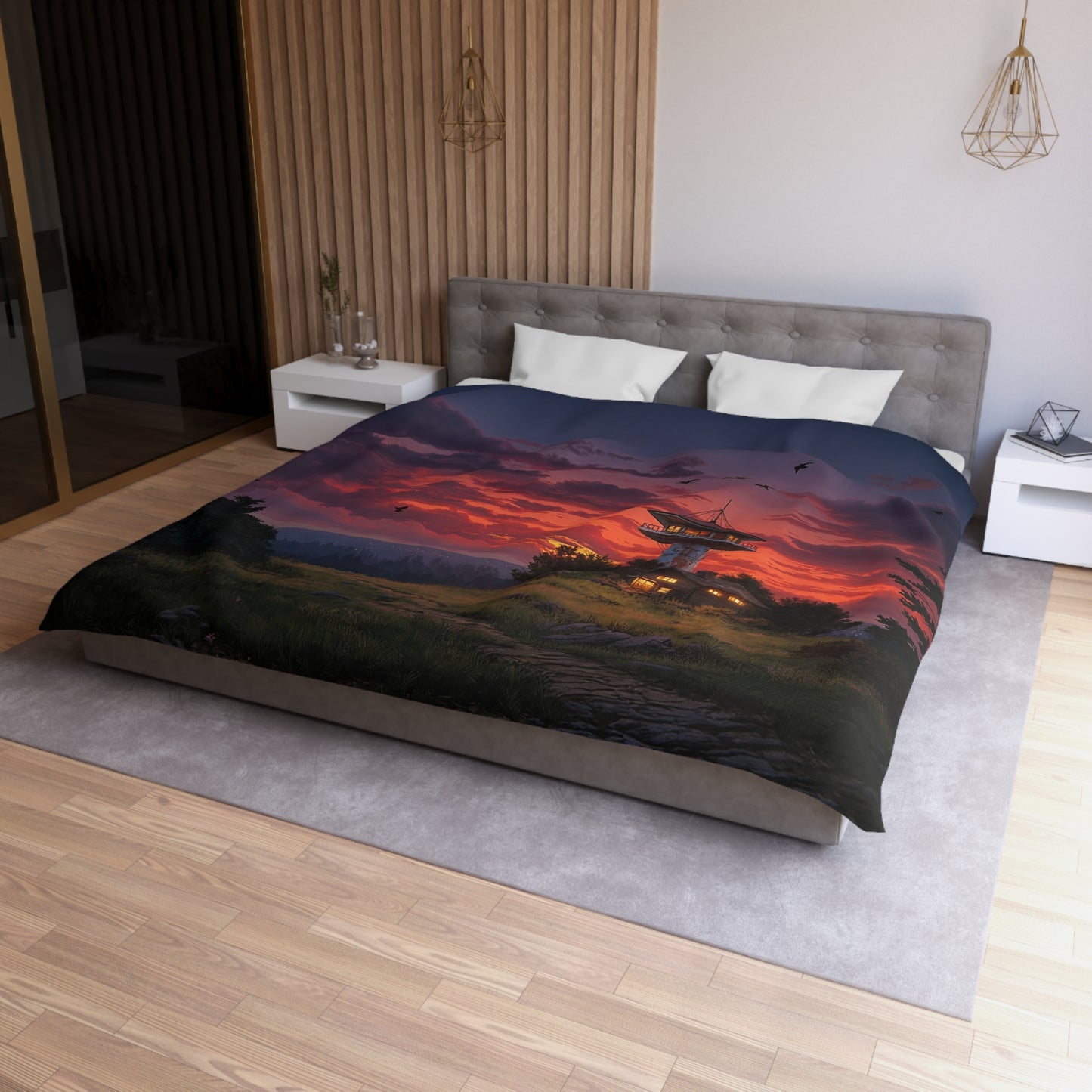Sunset Sentinel Microfiber Duvet Cover – Warm Light Over Watchtower Hills