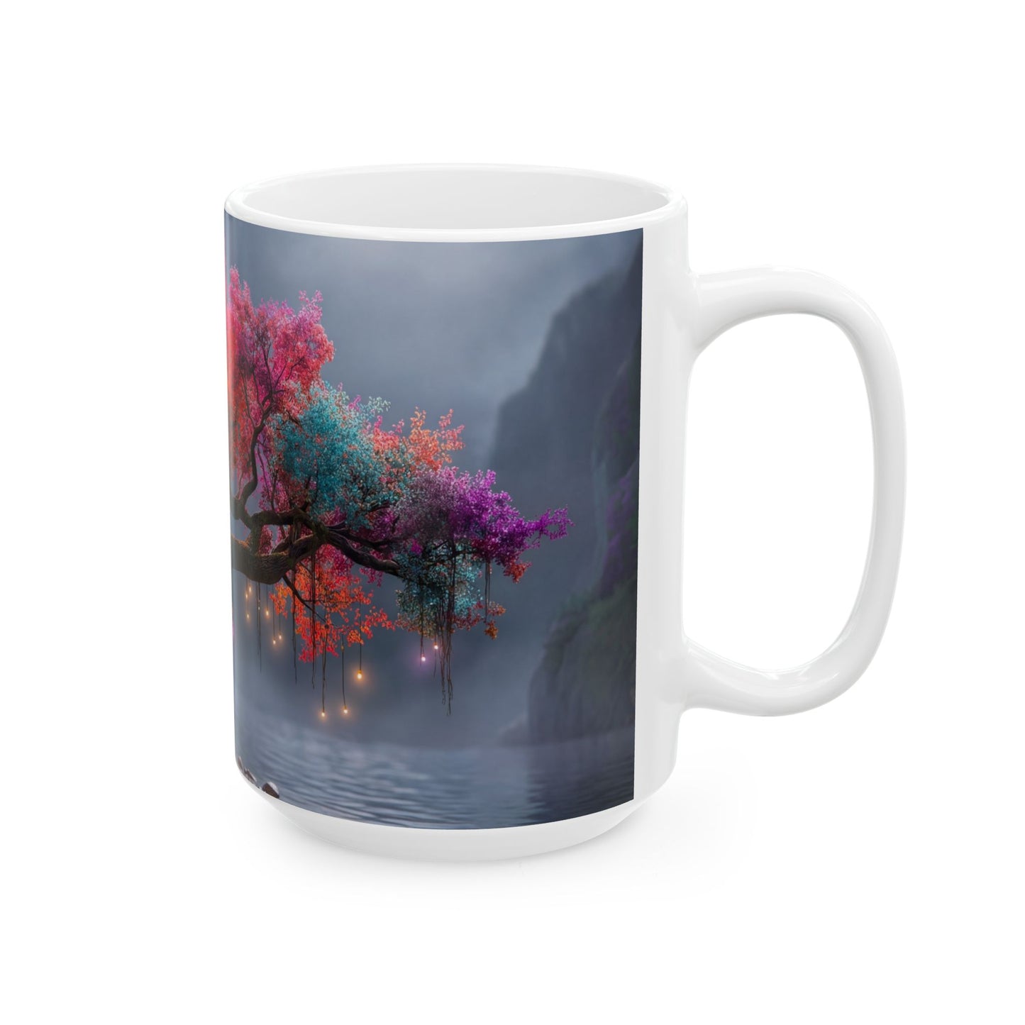 Chromatic Dream Tree Ceramic Mug – Moonlit Rainbow Canopy
