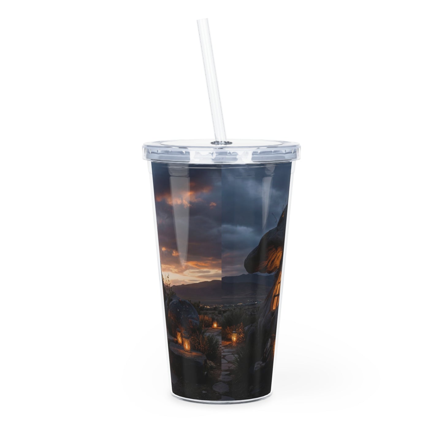 Mushroom Cottage Twilight Tumbler with Straw – Warm Glow Over Mountain Vale