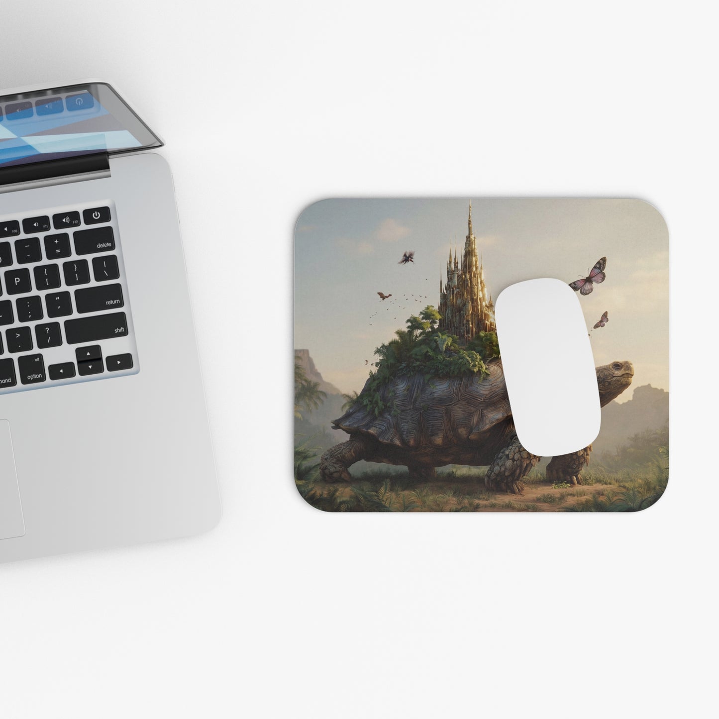 Castle on Turtle Back Mouse Pad – Sunset Sanctuary in Tropical Whimsy