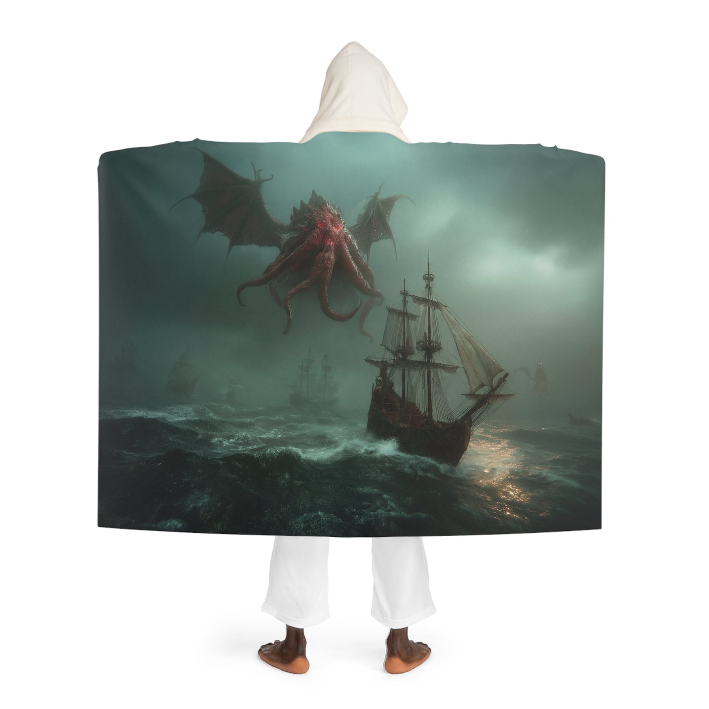 Crimson Leviathan Hooded Sherpa Fleece Blanket – Stormy Seas Guardian Tapestry