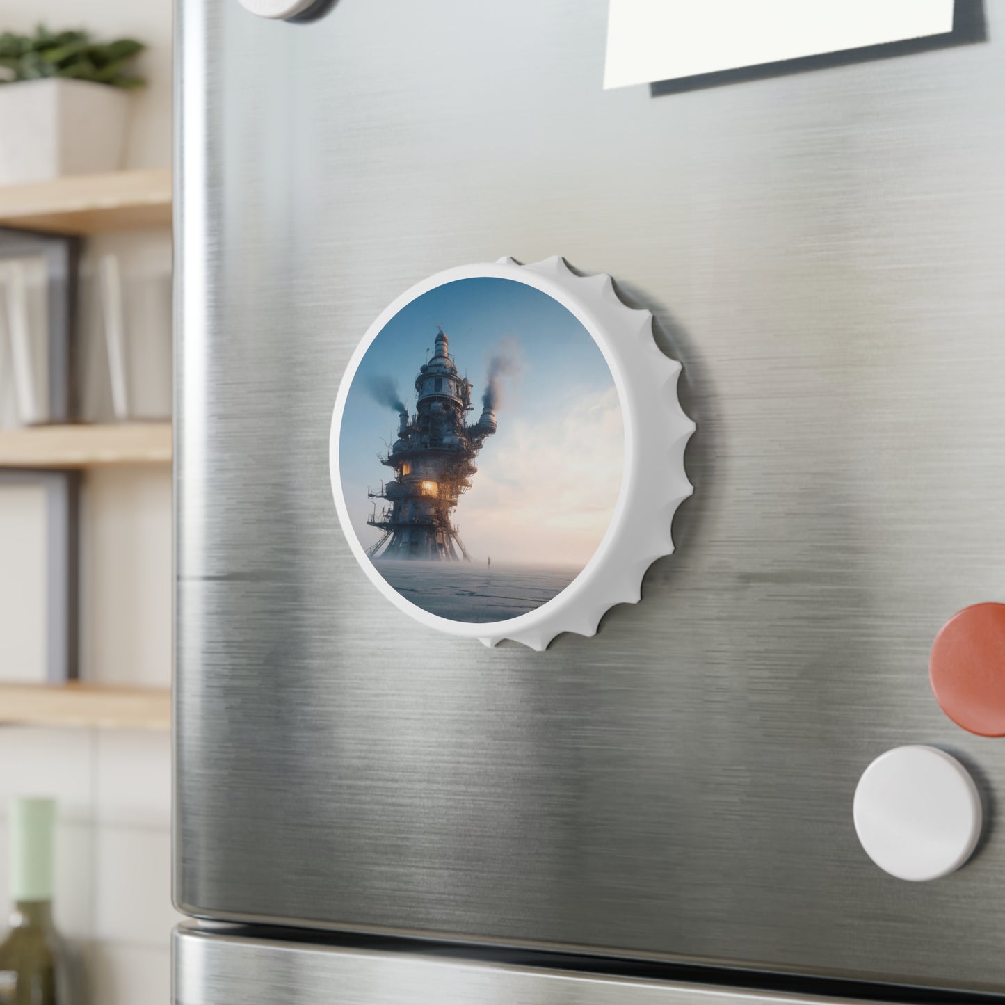 Skyward Steam Tower Bottle Opener – Industrial Dawn Dreamscape