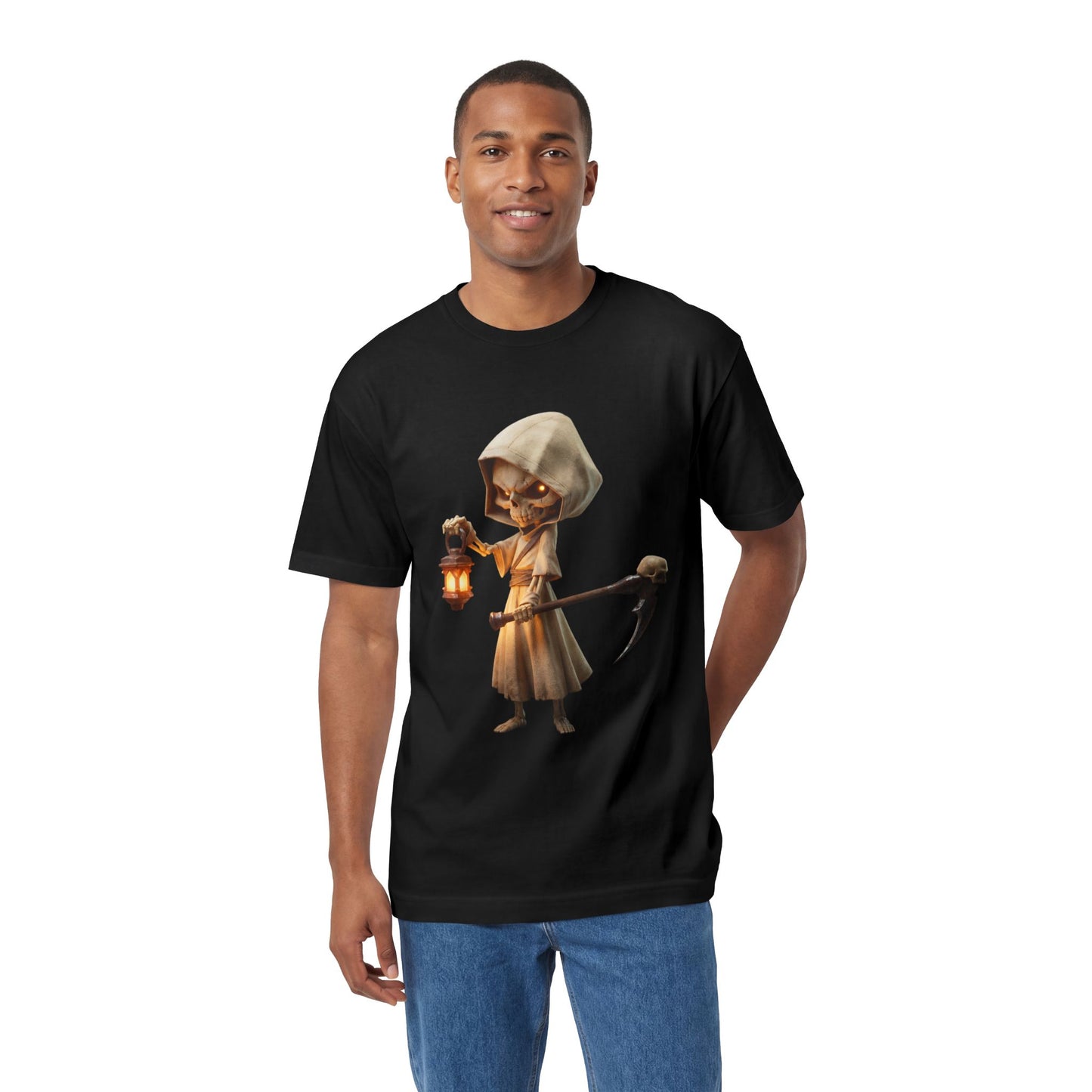 Lantern-Bearing Reaper Unisex Classic Tee – Hooded Guardian with Scythe