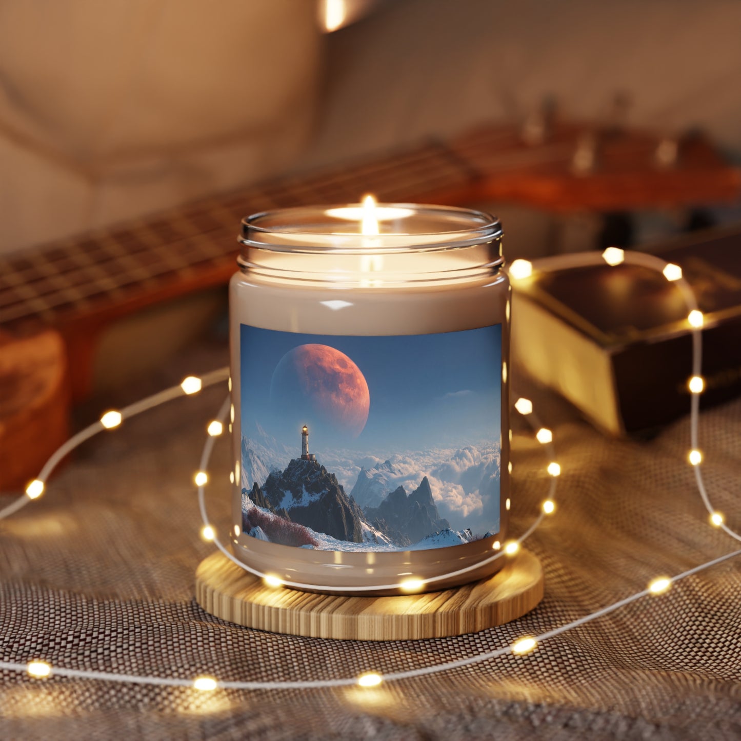 Lighthouse on Snow-Capped Peak Scented Soy Candles with White Lid, 9oz – Crimson Moonlit Beacon