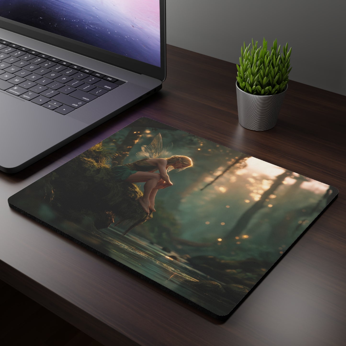 Mossy Gnome Rectangular Mouse Pad – Twilight Forest Guardian Scene
