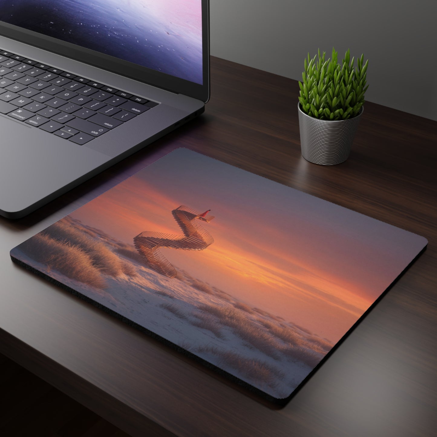 Spiral Staircase Mouse Pad – Crimson Figure at Sunset Horizon