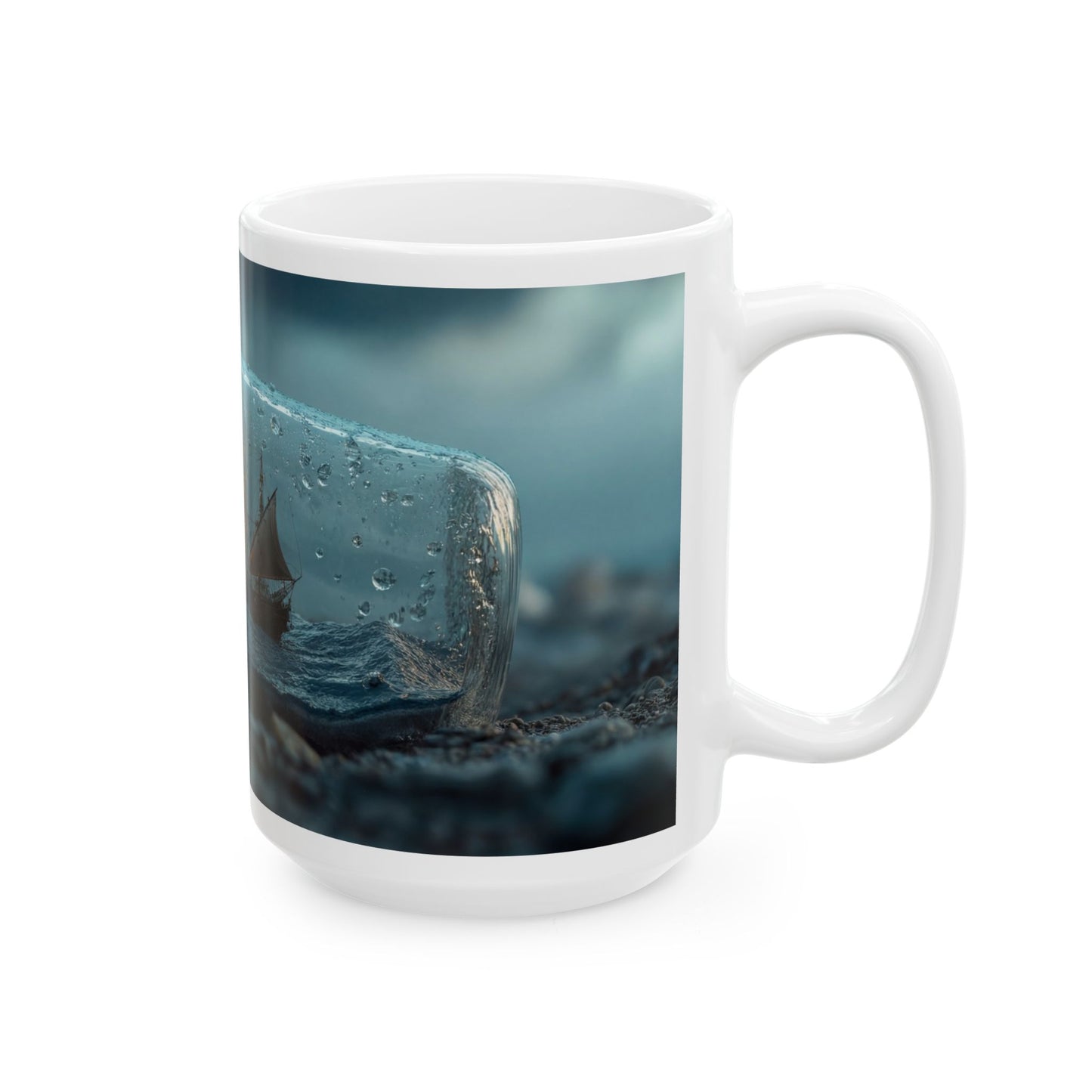 Storm-Sailed Ship in Bottle Ceramic Mug – (11oz, 15oz) – Sea’s Secret Encased