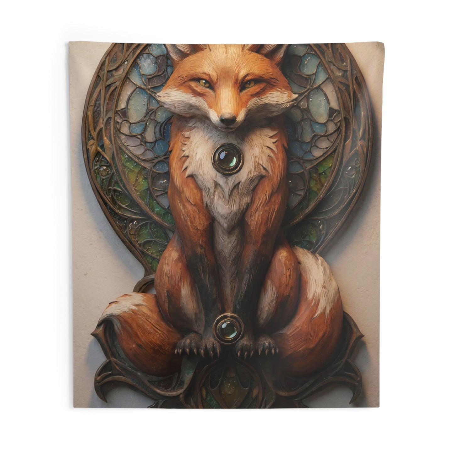 Fox Sentinel Wall Tapestry – Stained Glass Guardian in Warm Amber Light