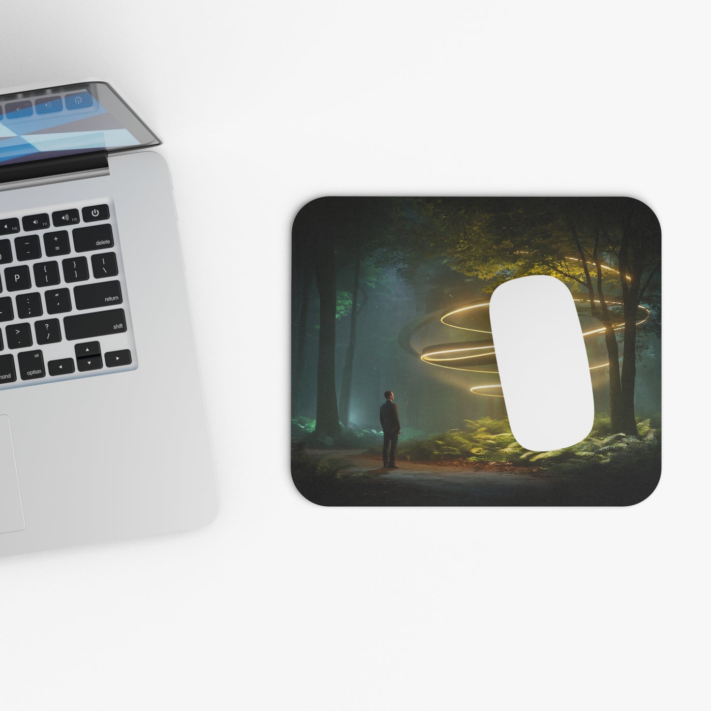 Luminescent Spiral Forest Mouse Pad – Golden Orb Portal Dreamscape