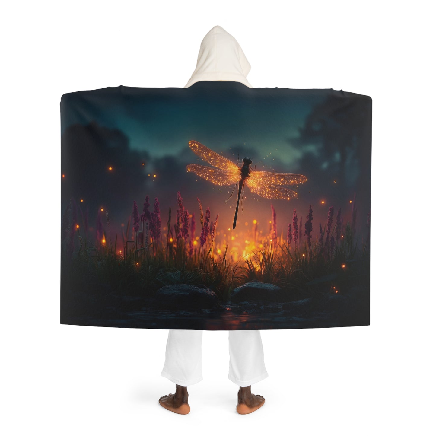 Luminescent Dragonfly Hooded Sherpa Fleece Blanket – Twilight Meadow Dreamscape
