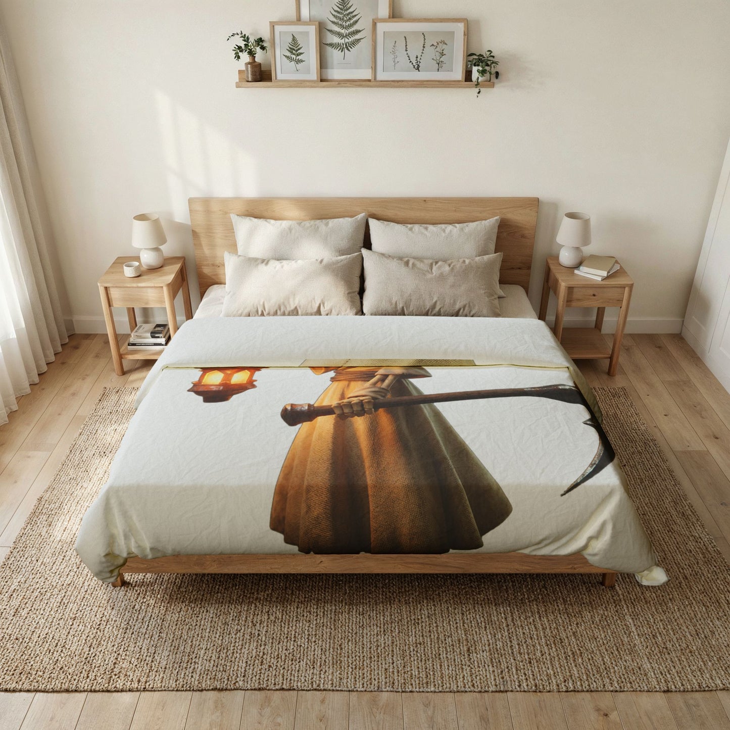 Lantern-Skeletun Cotton Duvet Cover – Hooded Reaper with Glowing Orb