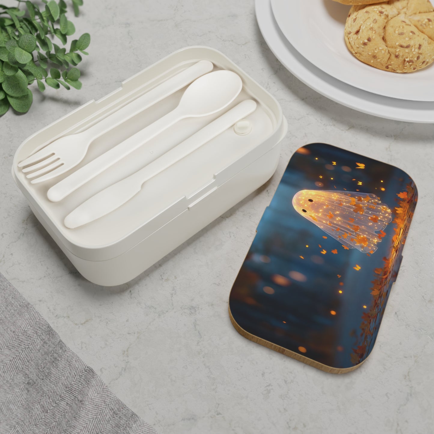 Autumn Ghost Bento Lunch Box – Golden Leaf Spirit in Twilight
