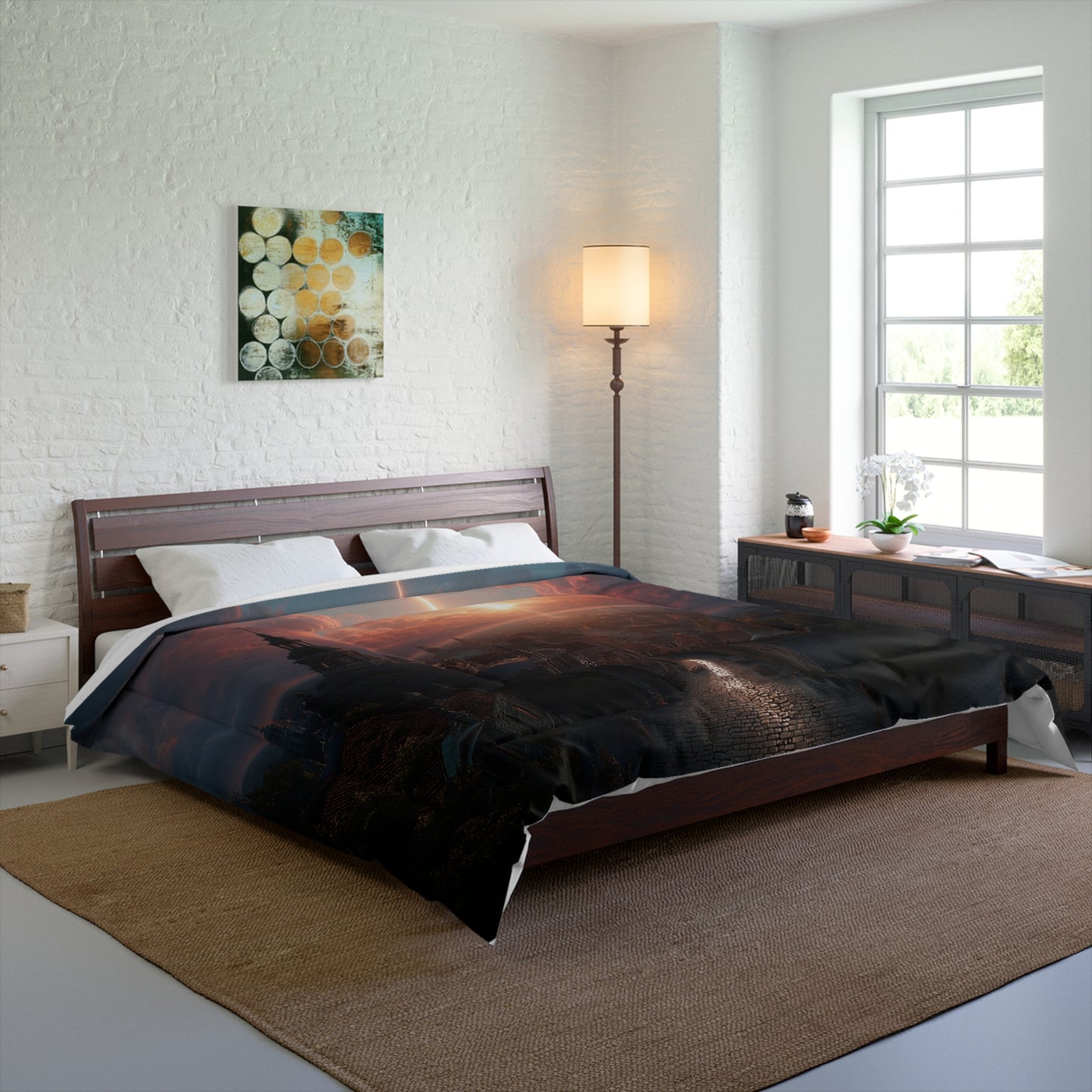Celestial Ray Comforter – Cityscape at Dusk with Divine Light