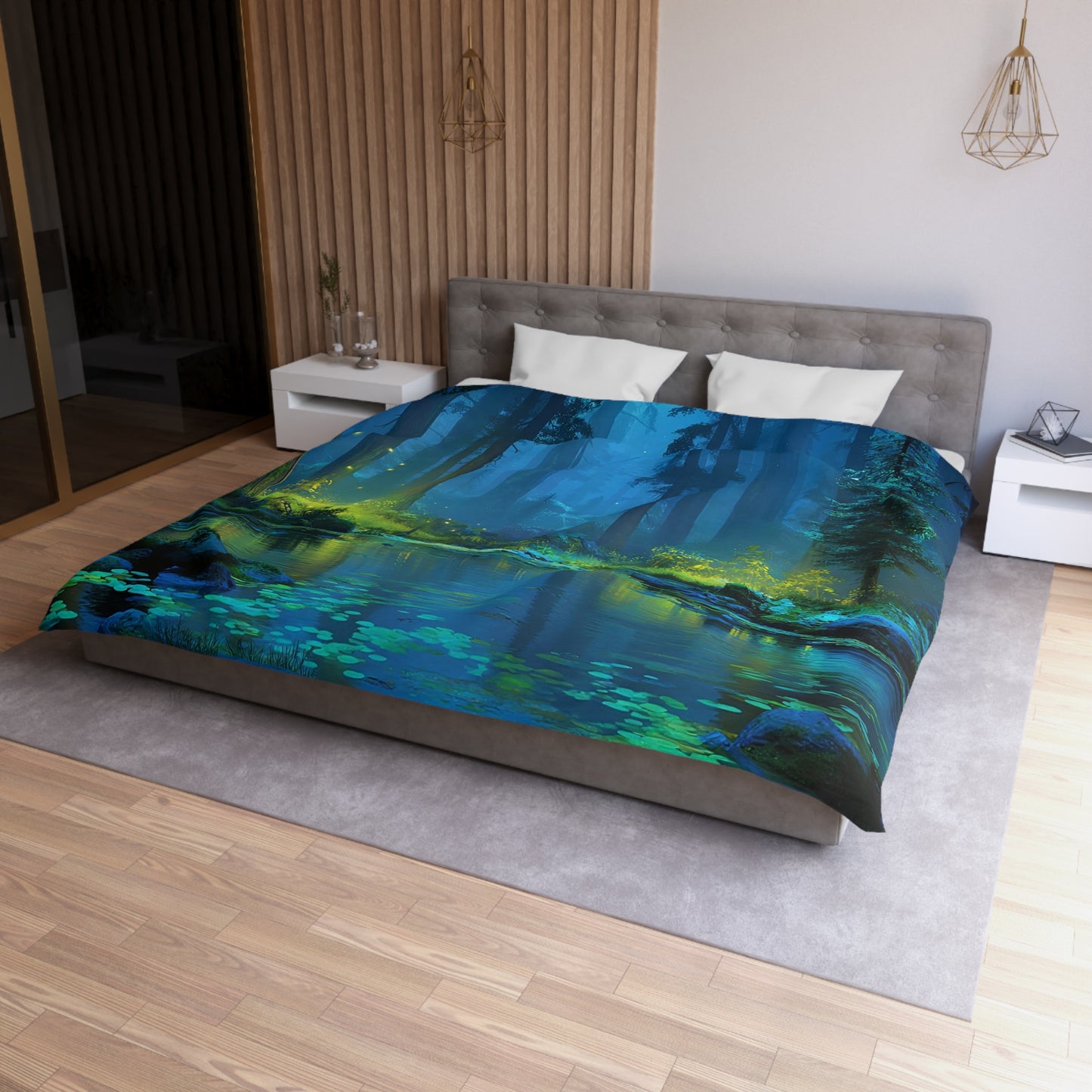 Luminescent Forest Duvet Cover – Whispering Pines & Firefly Night