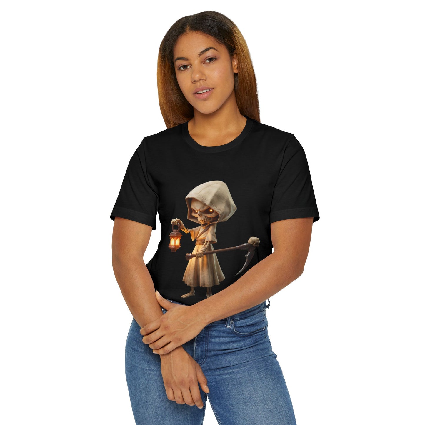 Lantern-Bearing Reaper Jersey T-Shirt – Candlelit Skeleton Sentinel