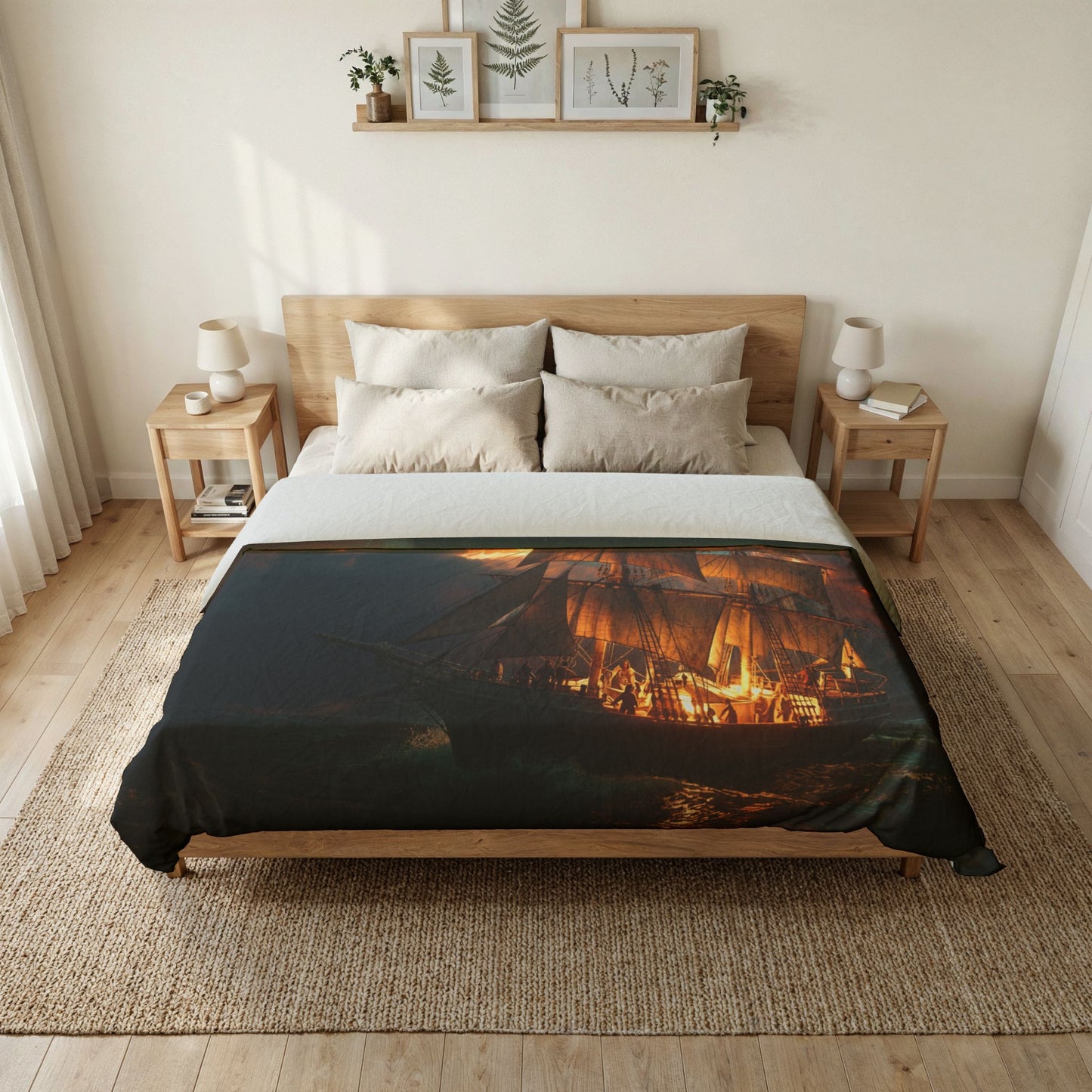 Golden Horizon Sailing Ship Cotton Duvet Cover – Amber Clouds and Twilight Voyage