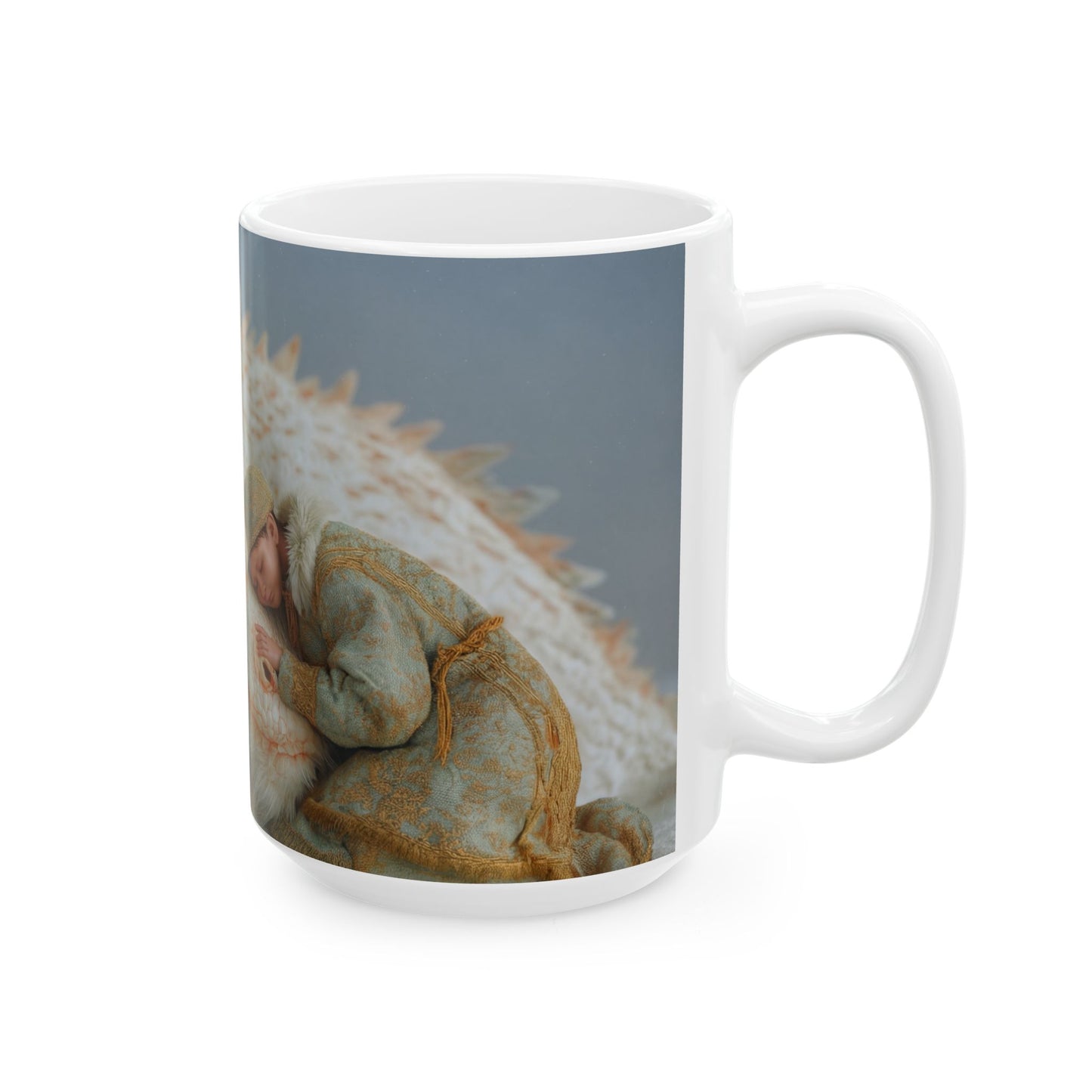 Child and White Dragon Ceramic Mug – Winter’s Gentle Guardian