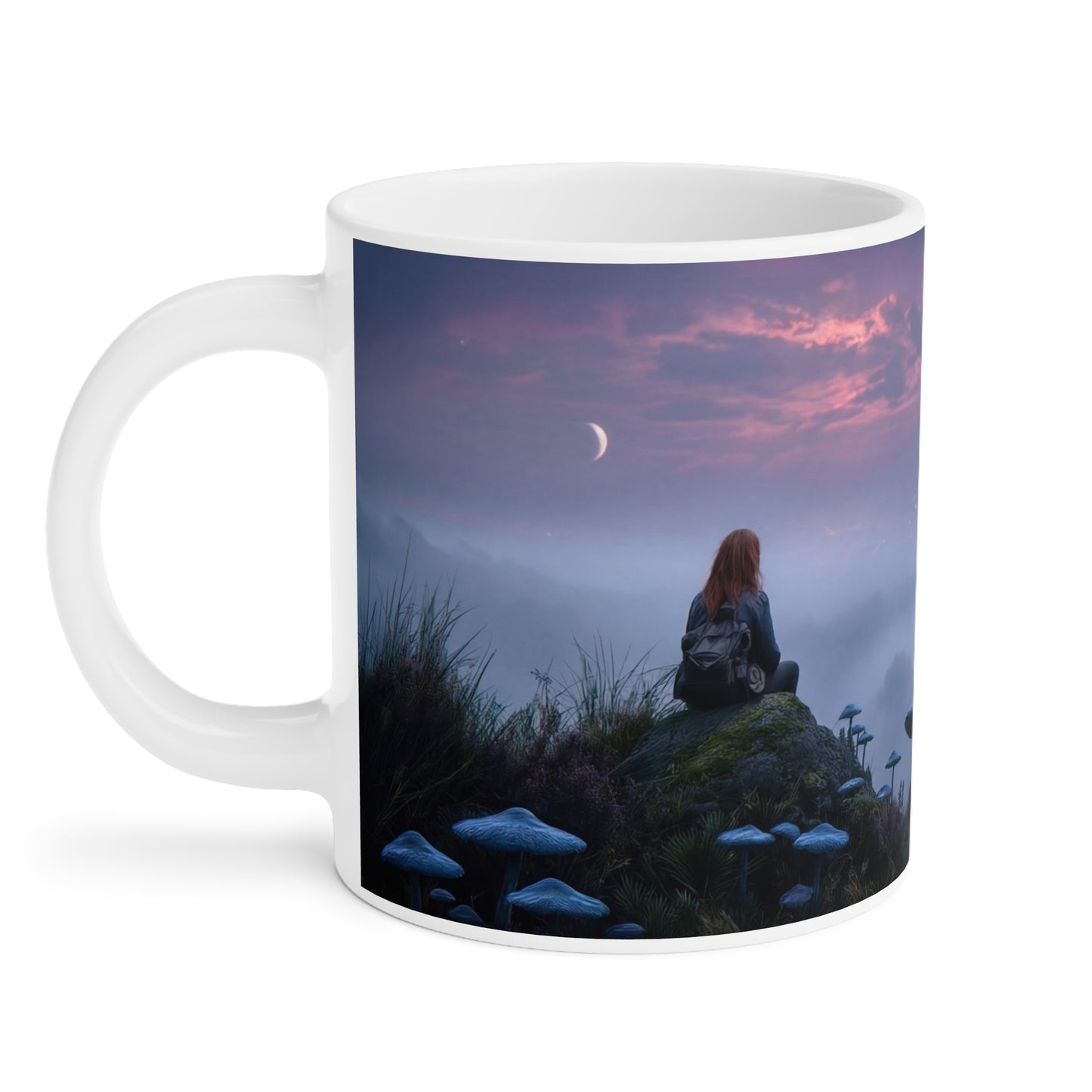 Twilight Sentinel Ceramic Mugs (11oz\15oz\20oz) – Moonlit Peak and Misty Cityscape