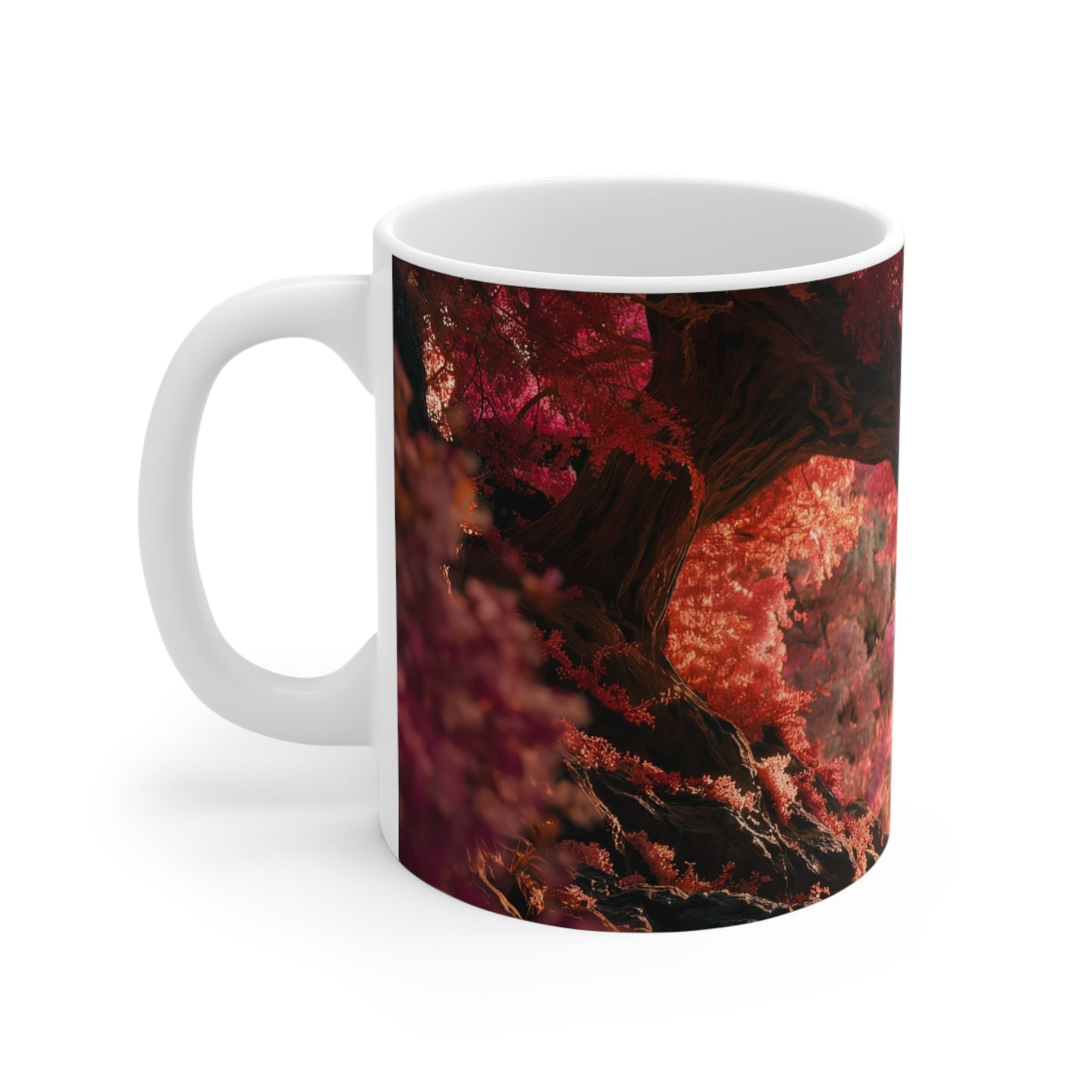Crimson Canopy Ceramic Mugs (11oz\15oz\20oz) – Whispering Love in a Heartwood Grove