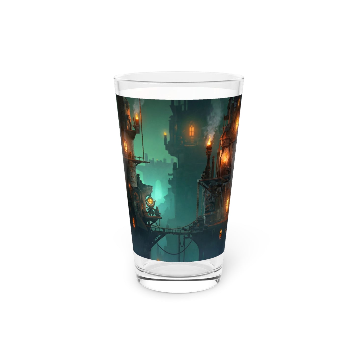 Floating City at Dusk Pint Glass – Warm Lights in the Misty Sky