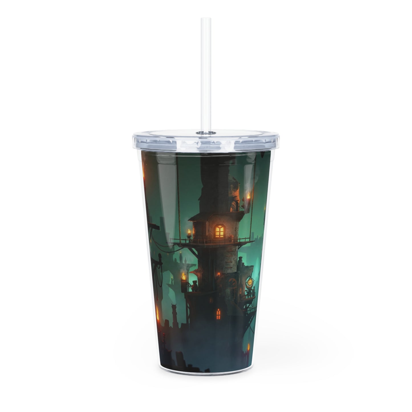 Floating City at Dusk Plastic Tumbler with Straw – Warm Lights in the Misty Sky