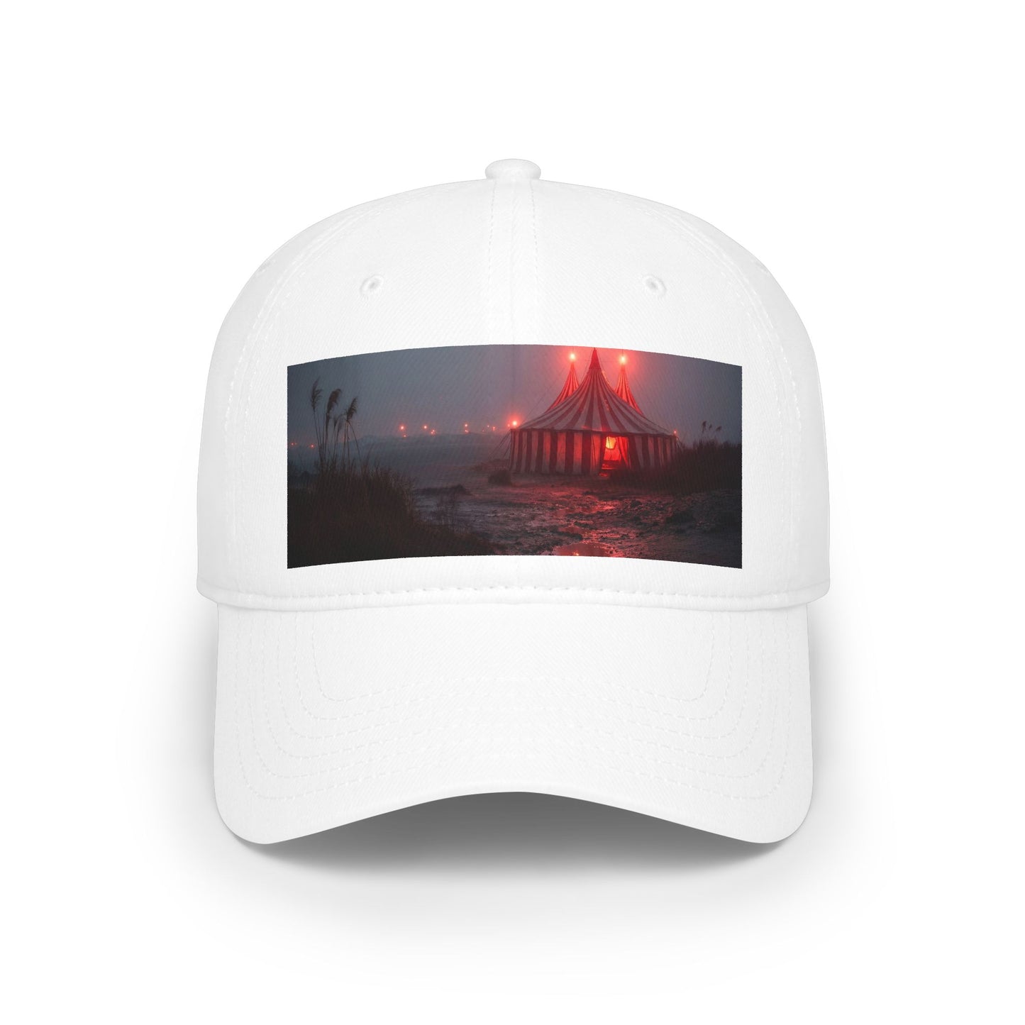 Crimson Carnival Tent Cap – Foggy Shoreline Circus Scene Low Profile Baseball Cap
