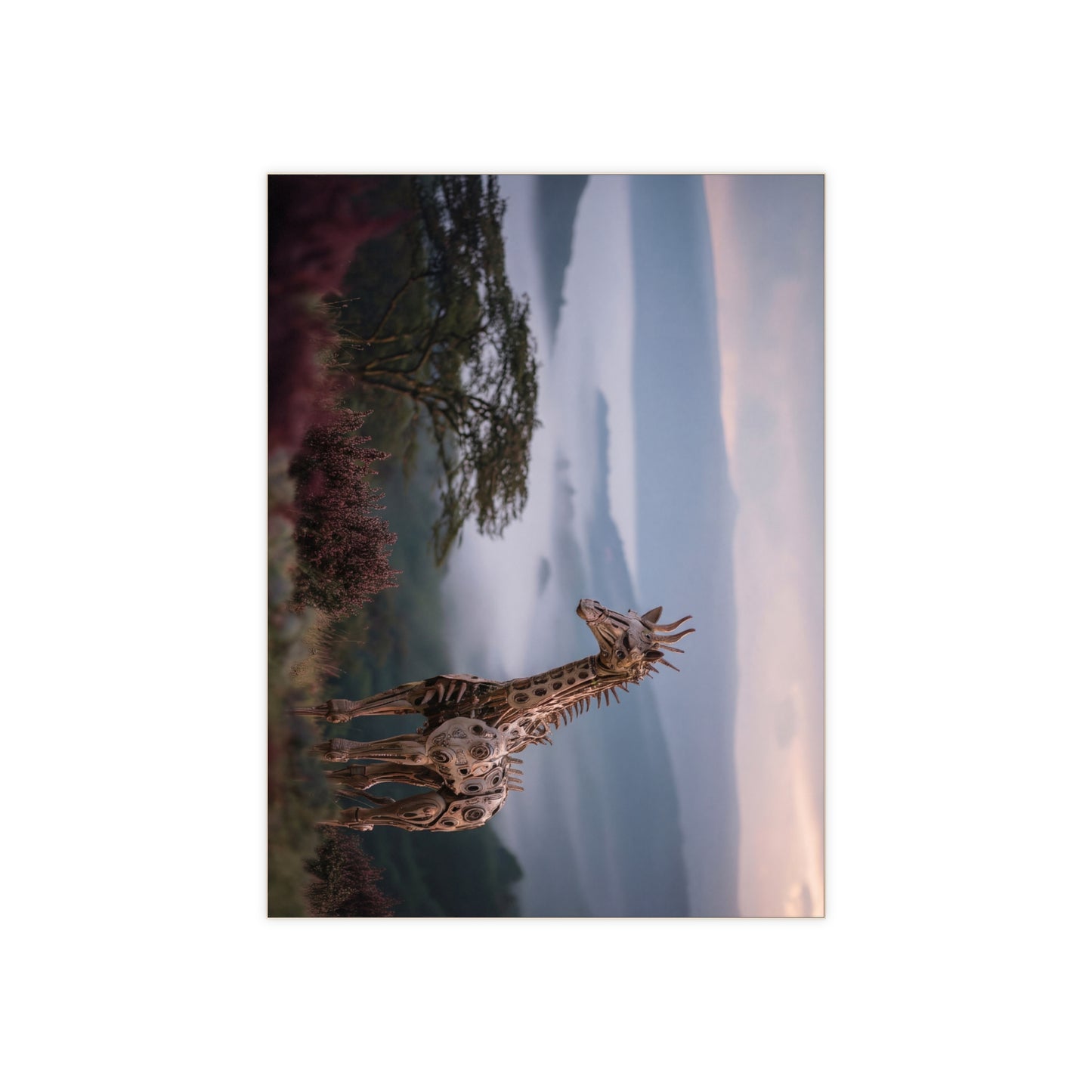 Metal Giraffe Mountain Vista Ceramic Photo Tile – Whispers of the Misty Savannah