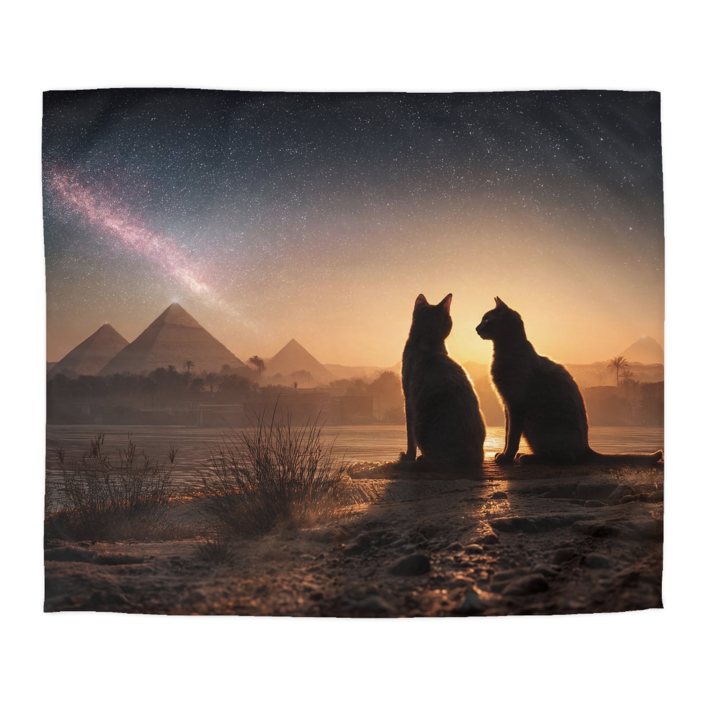 Starry Night Cats Duvet Cover – Giza Pyramids Sunset Dreamscape