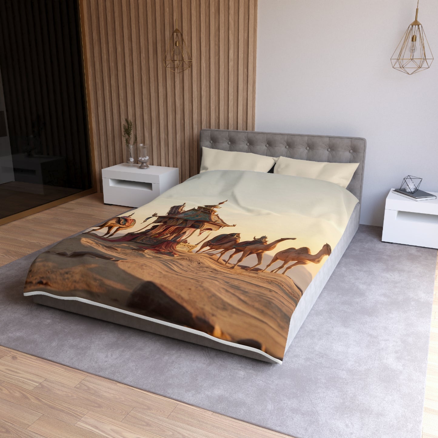 Desert Mirage Duvet Cover – Golden Dunes & Ornate Caravan