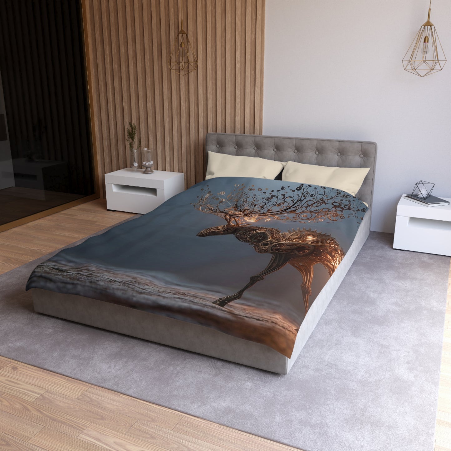 Clockwork Stag Microfiber Duvet Cover – Luminescent Forest Guardian