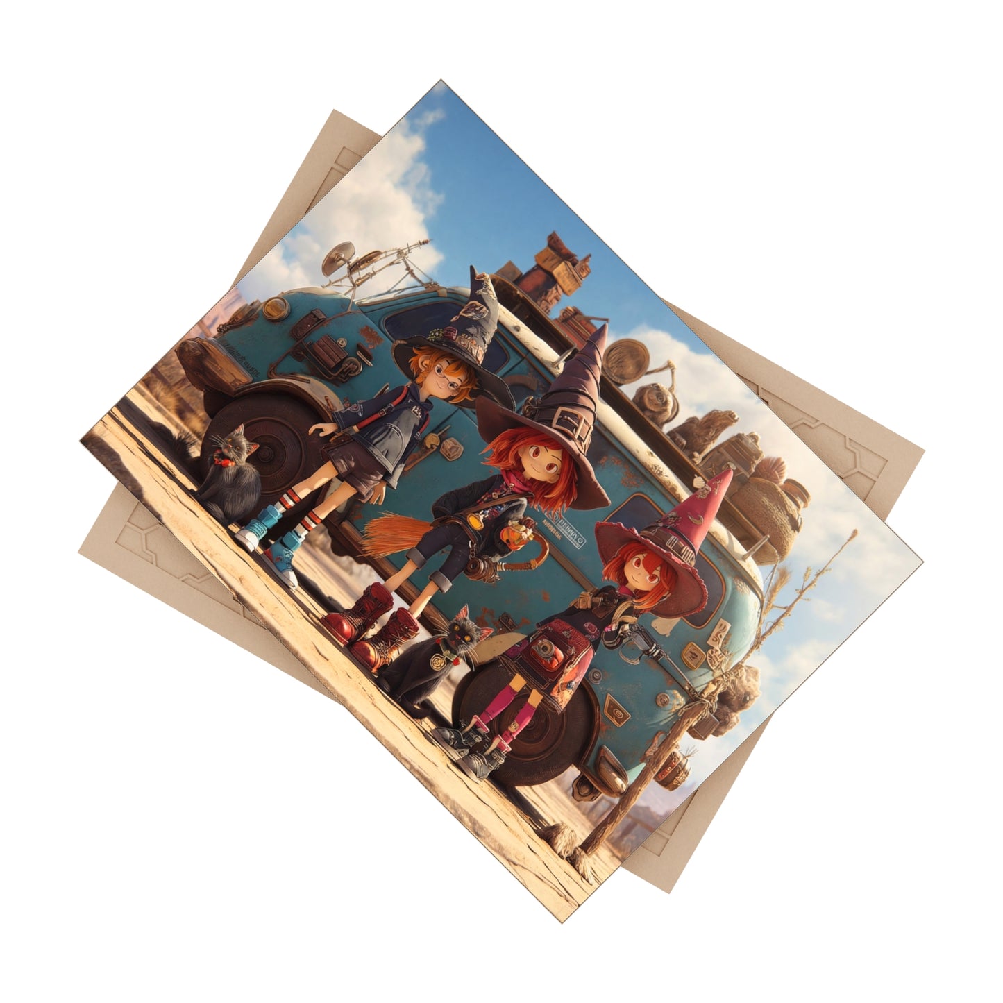 Witch Roadtrip Trio Ceramic Photo Tile – Dusty Desert Magic on a Vintage Van